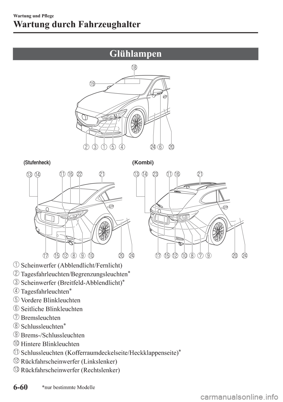 MAZDA MODEL 6 2018  Betriebsanleitung (in German) �*�O�
(Stufenheck)(Kombi)
��6�F�K�H�L�Q�Z�H�U�I�H�U���$�E�E�O�H�Q�G�O�L�F�K�W��)�H�U�Q�O�L�F�K�W�
��7�D�J�H�V�I�D�K�U�O�H�X�F�K�W�H�Q��%�H�J�U�H�Q�]�X�Q�J�V�O�H�X�F�K�W�H�Q�
��6�F�K�H�L�Q�Z�H