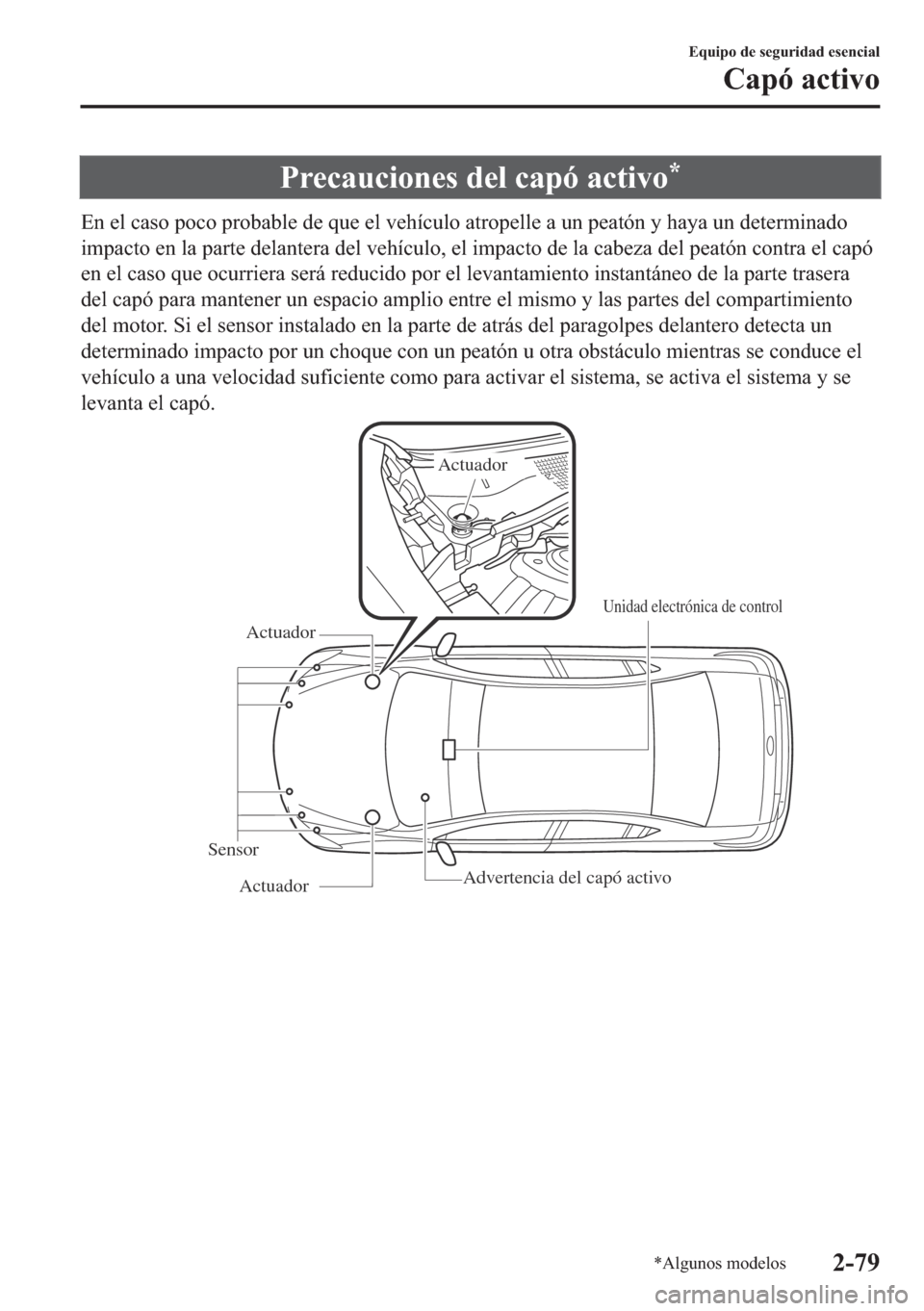MAZDA MODEL 6 2018  Manual del propietario (in Spanish) �3�U�H�F�D�X�F�L�R�Q�H�V��G�H�O��F�D�S�y��D�F�W�L�Y�R�
�(�Q��H�O��F�D�V�R��S�R�F�R��S�U�R�E�D�E�O�H��G�H��T�X�H��H�O��Y�H�K�t�F�X�O�R��D�W�U�R�S�H�O�O�H��D��X�Q��S�H�D�W�y�Q��\��K�D�
