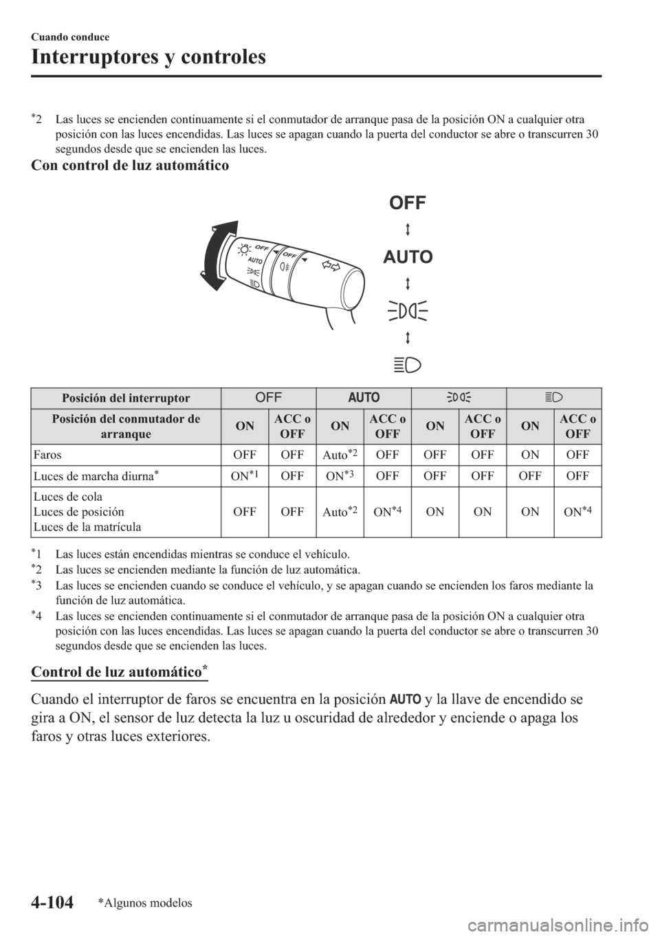 MAZDA MODEL 6 2018  Manual del propietario (in Spanish) �
� �/�D�V��O�X�F�H�V��V�H��H�Q�F�L�H�Q�G�H�Q��F�R�Q�W�L�Q�X�D�P�H�Q�W�H��V�L��H�O��F�R�Q�P�X�W�D�G�R�U��G�H��D�U�U�D�Q�T�X�H��S�D�V�D��G�H��O�D��S�R�V�L�F�L�y�Q��2�1��D��F�X�D�O�T�X�