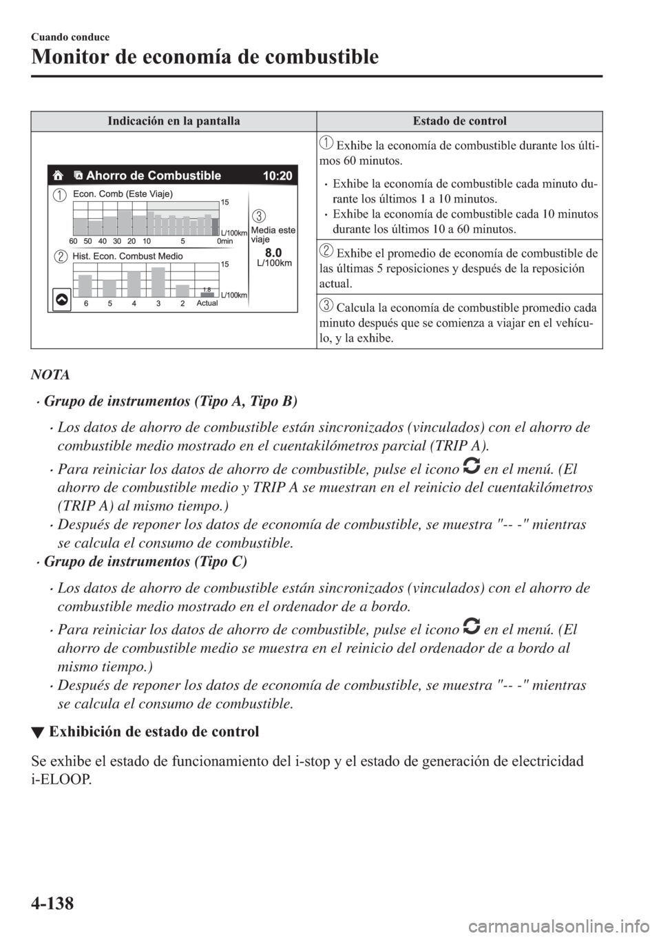 MAZDA MODEL 6 2018  Manual del propietario (in Spanish) �,�Q�G�L�F�D�F�L�y�Q��H�Q��O�D��S�D�Q�W�D�O�O�D �(�V�W�D�G�R��G�H��F�R�Q�W�U�R�O
��(�[�K�L�E�H��O�D��H�F�R�Q�R�P�t�D��G�H��F�R�P�E�X�V�W�L�E�O�H��G�X�U�D�Q�W�H��O�R�V��~�O�W�L�
�P�R�V��