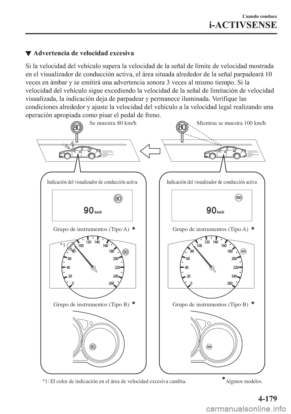 MAZDA MODEL 6 2018  Manual del propietario (in Spanish) ▼�$�G�Y�H�U�W�H�Q�F�L�D��G�H��Y�H�O�R�F�L�G�D�G��H�[�F�H�V�L�Y�D
�6�L��O�D��Y�H�O�R�F�L�G�D�G��G�H�O��Y�H�K�t�F�X�O�R��V�X�S�H�U�D��O�D��Y�H�O�R�F�L�G�D�G��G�H��O�D��V�H�x�D�O��G�H��O