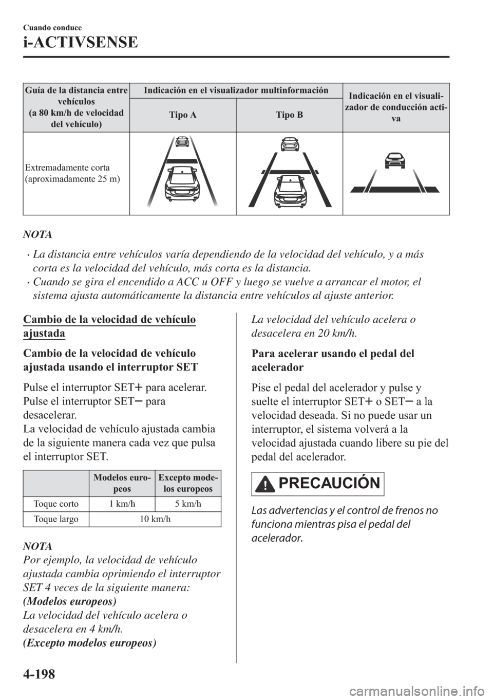 MAZDA MODEL 6 2018  Manual del propietario (in Spanish) �*�X�t�D��G�H��O�D��G�L�V�W�D�Q�F�L�D��H�Q�W�U�H
�Y�H�K�t�F�X�O�R�V
��D�����N�P��K��G�H��Y�H�O�R�F�L�G�D�G
�G�H�O��Y�H�K�t�F�X�O�R��,�Q�G�L�F�D�F�L�y�Q��H�Q��H�O��Y�L�V�X�D�O�L�]�D�G�