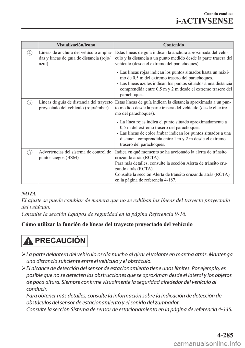 MAZDA MODEL 6 2018  Manual del propietario (in Spanish) �9�L�V�X�D�O�L�]�D�F�L�y�Q��L�F�R�Q�R �&�R�Q�W�H�Q�L�G�R
�/�t�Q�H�D�V��G�H��D�Q�F�K�X�U�D��G�H�O��Y�H�K�t�F�X�O�R��D�P�S�O�L�D�
�G�D�V��\��O�t�Q�H�D�V��G�H��J�X�t�D��G�H��G�L�V�W�D�Q�F�L�