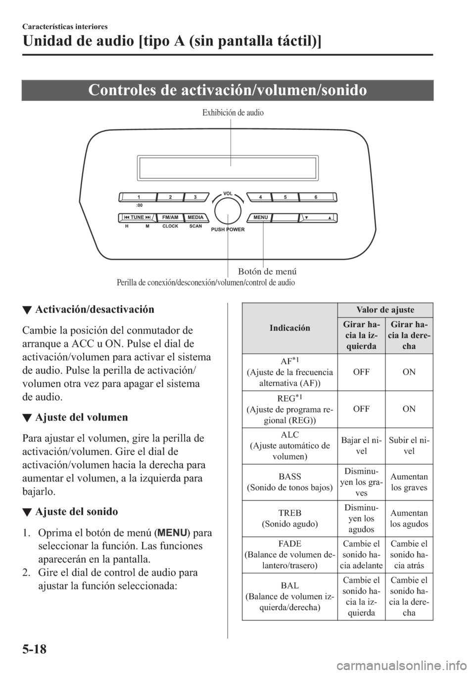 MAZDA MODEL 6 2018  Manual del propietario (in Spanish) �&�R�Q�W�U�R�O�H�V��G�H��D�F�W�L�Y�D�F�L�y�Q��Y�R�O�X�P�H�Q��V�R�Q�L�G�R
Perilla de conexión/desconexión/volumen/control de audioBotón de menú
Exhibición de audio
▼▼�$�F�W�L�Y�D�F�L�y�Q�