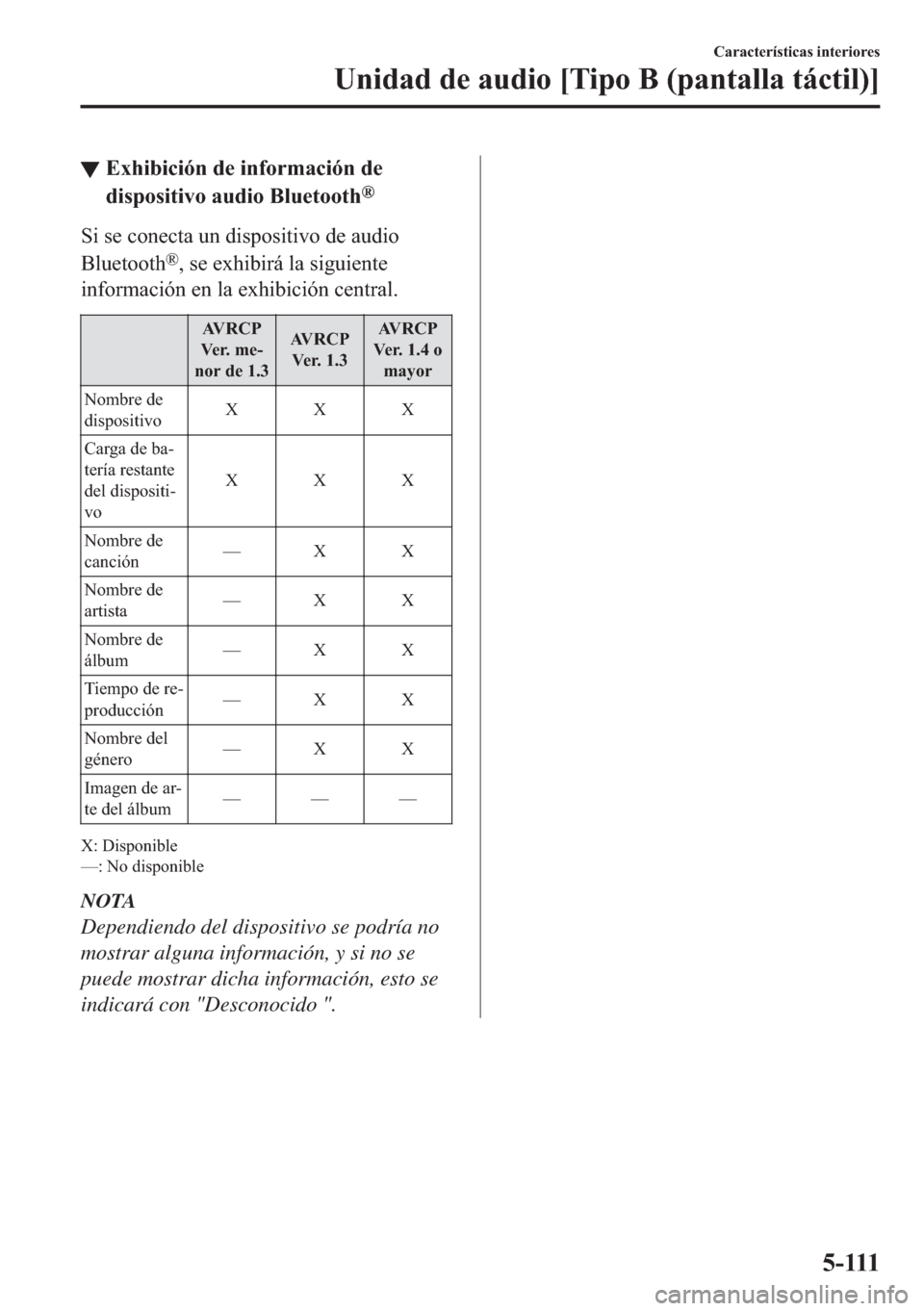 MAZDA MODEL 6 2018  Manual del propietario (in Spanish) ▼�(�[�K�L�E�L�F�L�y�Q��G�H��L�Q�I�R�U�P�D�F�L�y�Q��G�H
�G�L�V�S�R�V�L�W�L�Y�R��D�X�G�L�R��%�O�X�H�W�R�R�W�K
�Š
�6�L��V�H��F�R�Q�H�F�W�D��X�Q��G�L�V�S�R�V�L�W�L�Y�R��G�H��D�X�G�L�R
�%�O�X