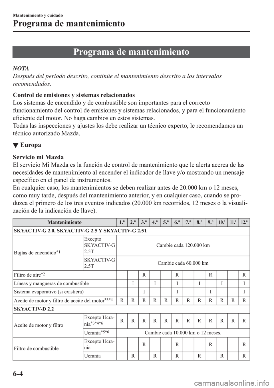 MAZDA MODEL 6 2018  Manual del propietario (in Spanish) �3�U�R�J�U�D�P�D��G�H��P�D�Q�W�H�Q�L�P�L�H�Q�W�R
NOTA
Después del período descrito, continúe el mantenimiento descrito a los intervalos
recomendados.
�&�R�Q�W�U�R�O��G�H��H�P�L�V�L�R�Q�H�V��\�