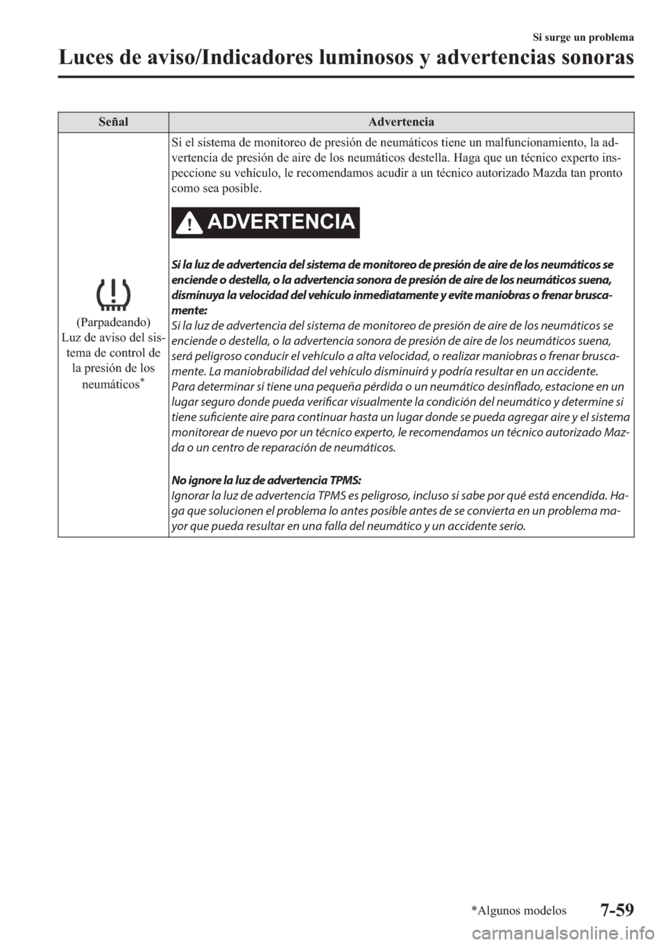 MAZDA MODEL 6 2018  Manual del propietario (in Spanish) �6�H�x�D�O �$�G�Y�H�U�W�H�Q�F�L�D
��3�D�U�S�D�G�H�D�Q�G�R�
�/�X�]��G�H��D�Y�L�V�R��G�H�O��V�L�V�
�W�H�P�D��G�H��F�R�Q�W�U�R�O��G�H
�O�D��S�U�H�V�L�y�Q��G�H��O�R�V
�Q�H�X�P�i�W�L�F�R�V
�
