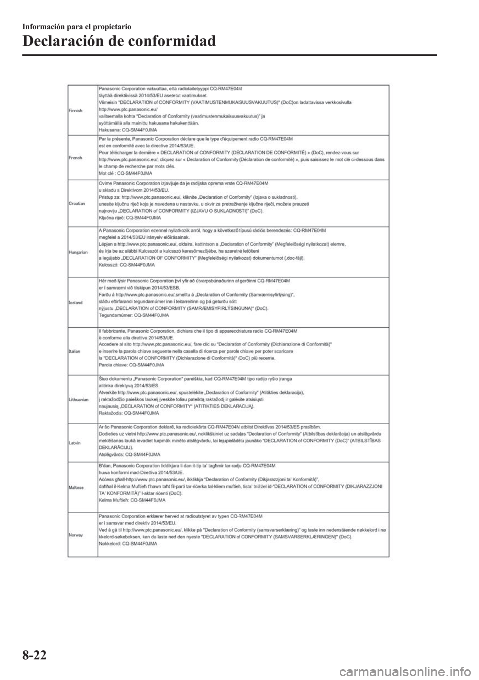 MAZDA MODEL 6 2018  Manual del propietario (in Spanish) �,�Q�I�R�U�P�D�F�L�y�Q��S�D�U�D��H�O��S�U�R�S�L�H�W�D�U�L�R
��H�F�O�D�U�D�F�L�y�Q��G�H��F�R�Q�I�R�U�P�L�G�D�G
���� 
