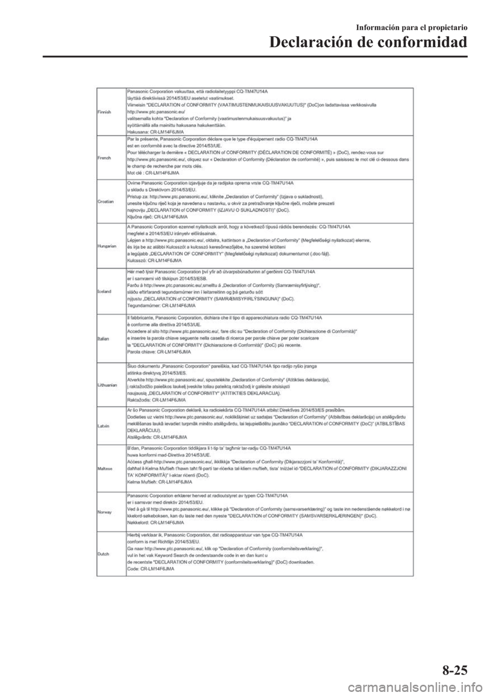 MAZDA MODEL 6 2018  Manual del propietario (in Spanish) �,�Q�I�R�U�P�D�F�L�y�Q��S�D�U�D��H�O��S�U�R�S�L�H�W�D�U�L�R
��H�F�O�D�U�D�F�L�y�Q��G�H��F�R�Q�I�R�U�P�L�G�D�G
���� 