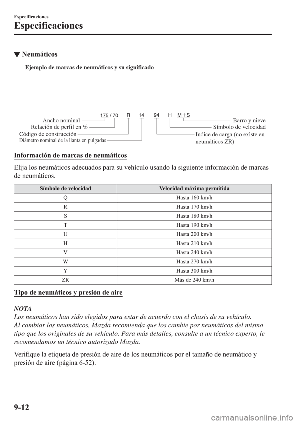 MAZDA MODEL 6 2018  Manual del propietario (in Spanish) ▼�1�H�X�P�i�W�L�F�R�V
Ejemplo de marcas de neumáticos y su significado 
Ancho nominal
Relación de perfil en %
Código de construcciónBarro y nieve 
Símbolo de velocidad 
Diámetro nominal de la 