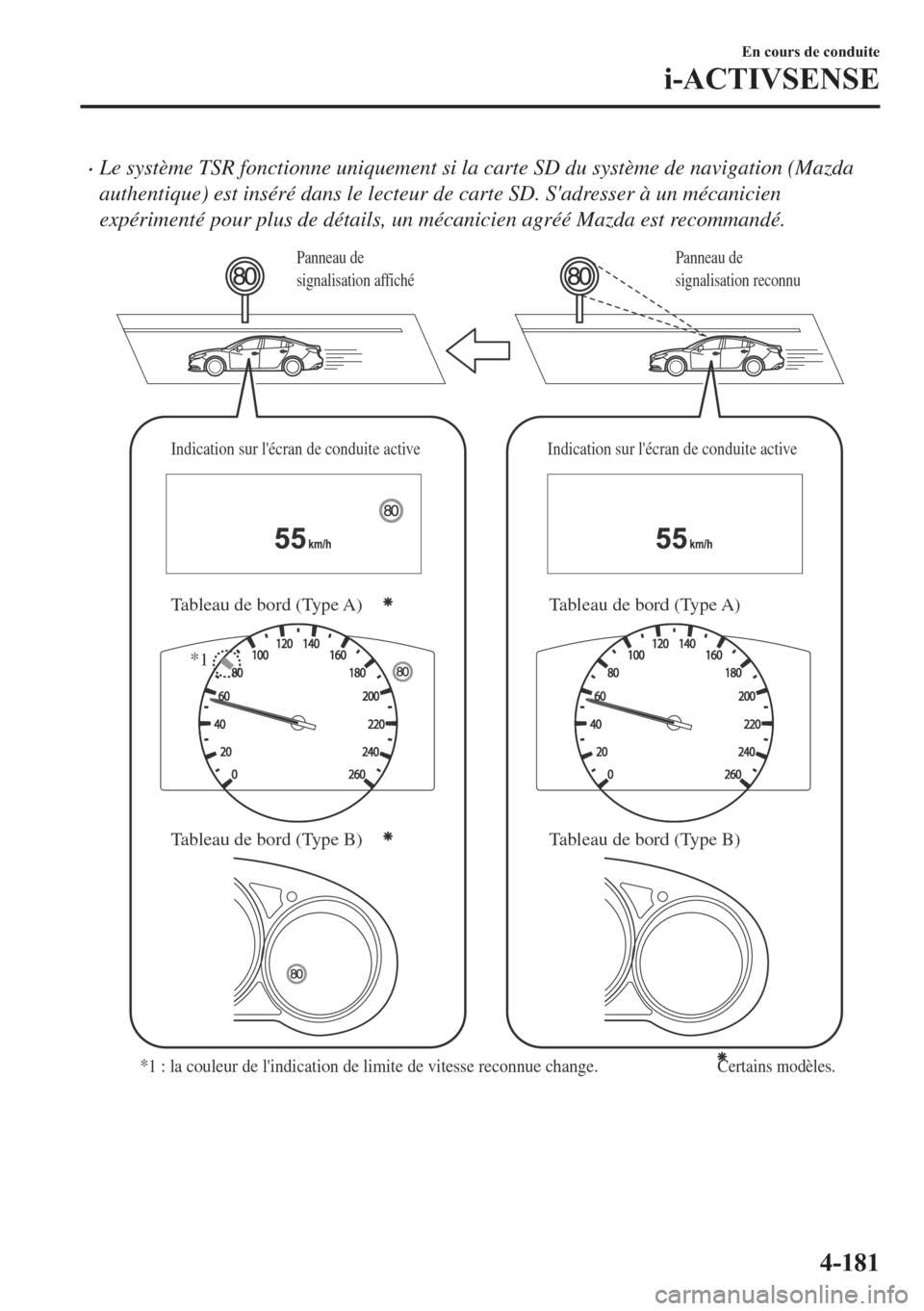 MAZDA MODEL 6 2018  Manuel du propriétaire (in French) •Le système TSR fonctionne uniquement si la carte SD du système de navigation (Mazda
authentique) est inséré dans le lecteur de carte SD. Sadresser à un mécanicien
expérimenté pour plus de 