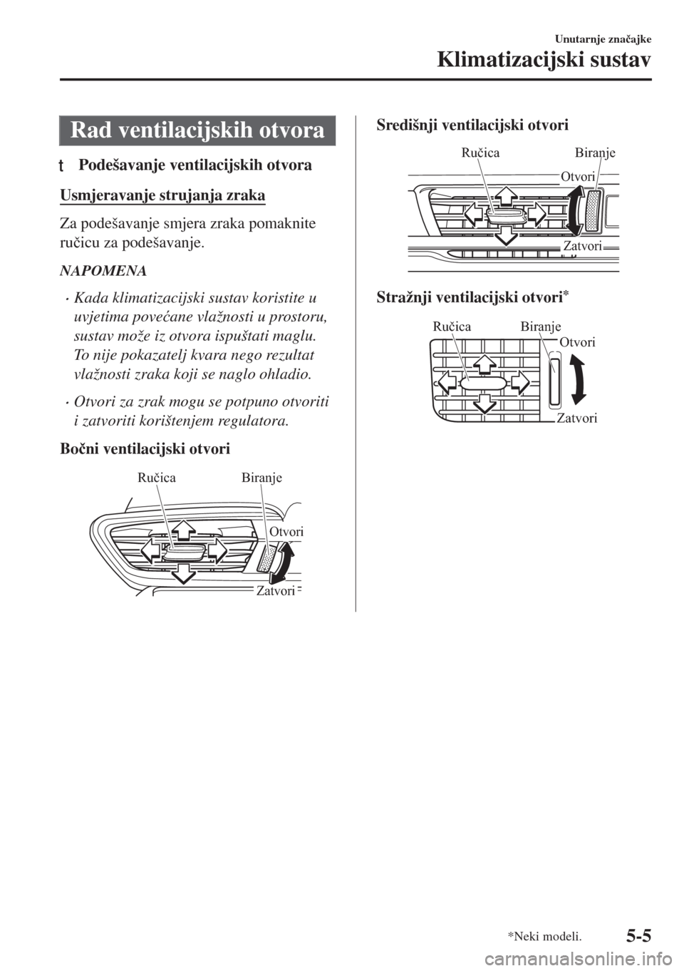 MAZDA MODEL 6 2018  Upute za uporabu (in Croatian) Rad ventilacijskih otvora
tPodešavanje ventilacijskih otvora
Usmjeravanje strujanja zraka
Za podešavanje smjera zraka pomaknite
ru�þicu za podešavanje.
NAPOMENA
•Kada klimatizacijski sustav kori