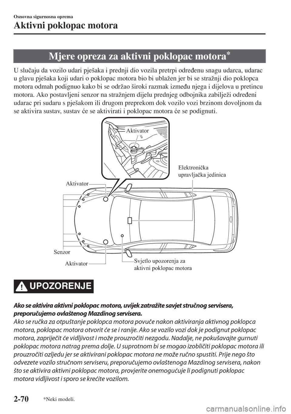 MAZDA MODEL 6 2018  Upute za uporabu (in Croatian) Mjere opreza za aktivni poklopac motora*
U slu�þaju da vozilo udari pješaka i prednji dio vozila pretrpi odre�ÿenu snagu udarca, udarac
u glavu pješaka koji udari o poklopac motora bio bi ublažen