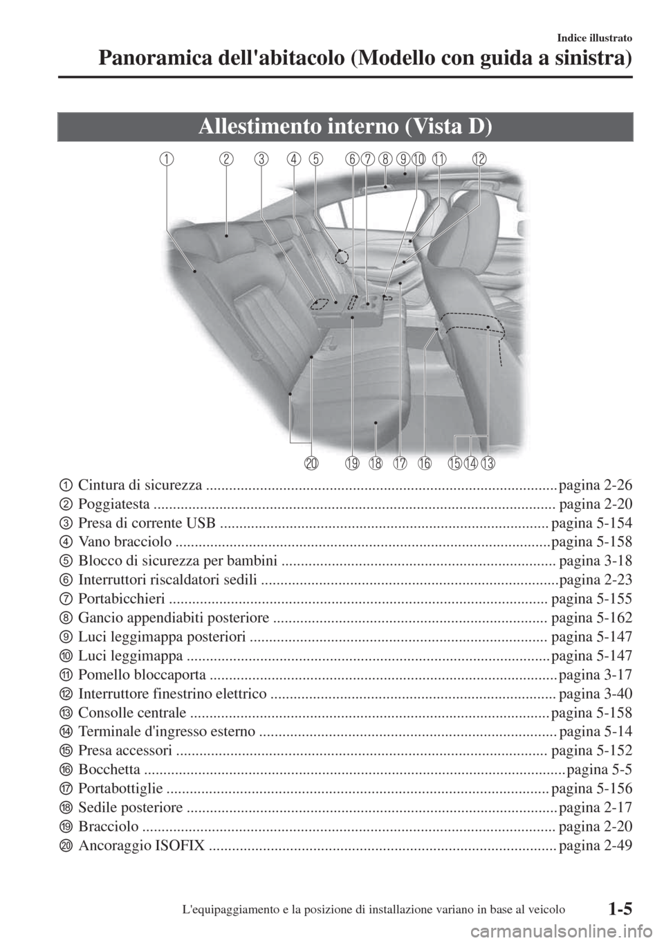 MAZDA MODEL 6 2018  Manuale del proprietario (in Italian) Allestimento interno (Vista D)
pCintura di sicurezza ........................................................................................... pagina 2-26
qPoggiatesta ............................