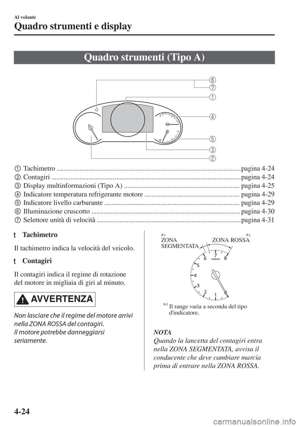 MAZDA MODEL 6 2018  Manuale del proprietario (in Italian) Quadro strumenti (Tipo A)
 
pTachimetro .........................................................................................................pagina 4-24
qContagiri ..............................