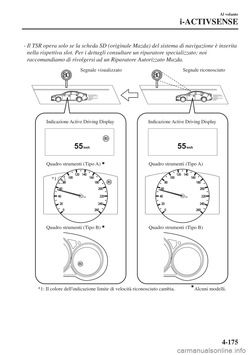 MAZDA MODEL 6 2018  Manuale del proprietario (in Italian) •Il TSR opera solo se la scheda SD (originale Mazda) del sistema di navigazione è inserita
nella rispettiva slot. Per i dettagli consultare un riparatore specializzato; noi
raccomandiamo di rivolge