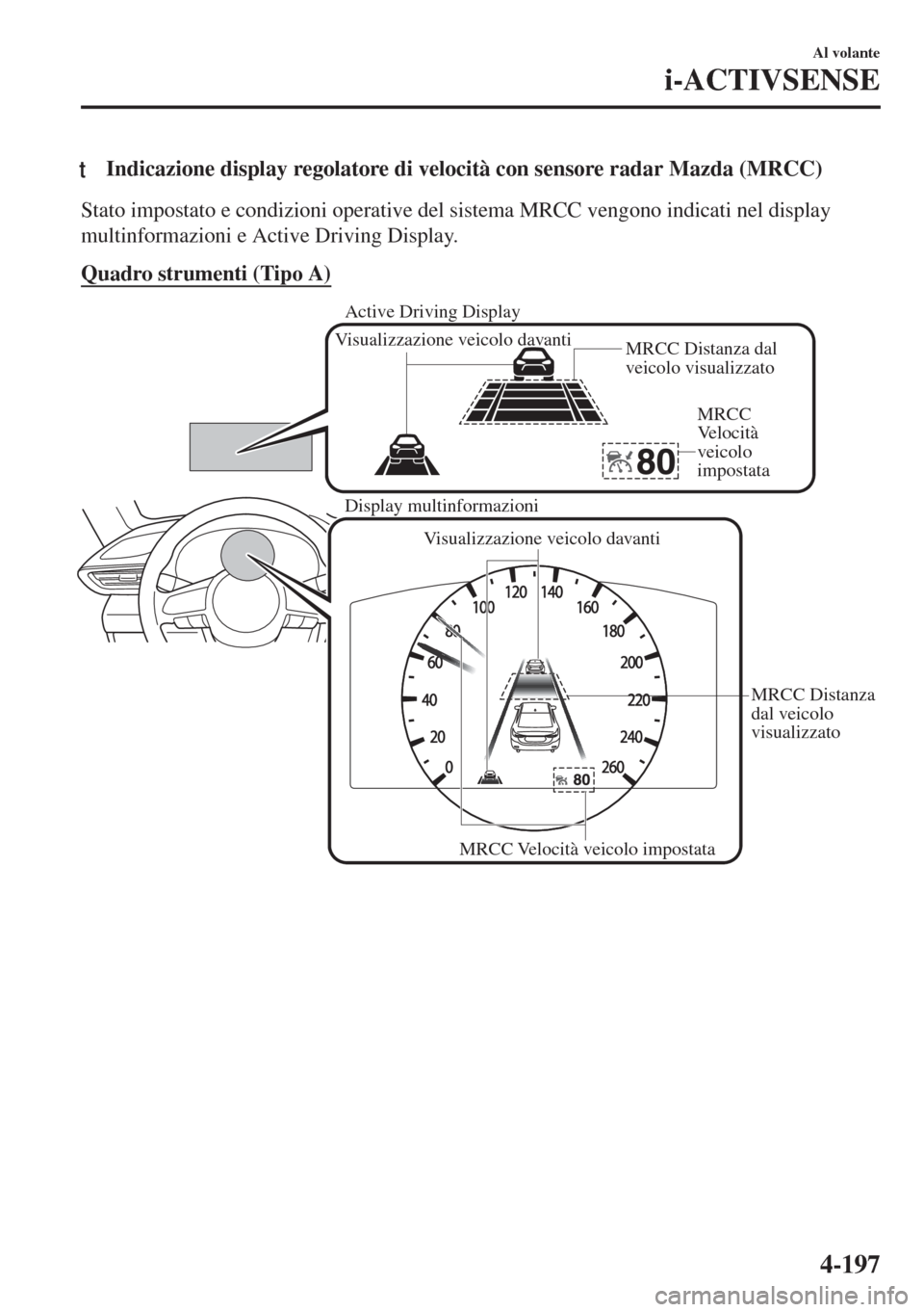 MAZDA MODEL 6 2018  Manuale del proprietario (in Italian) tIndicazione display regolatore di velocità con sensore radar Mazda (MRCC)
Stato impostato e condizioni operative del sistema MRCC vengono indicati nel display
multinformazioni e Active Driving Displ