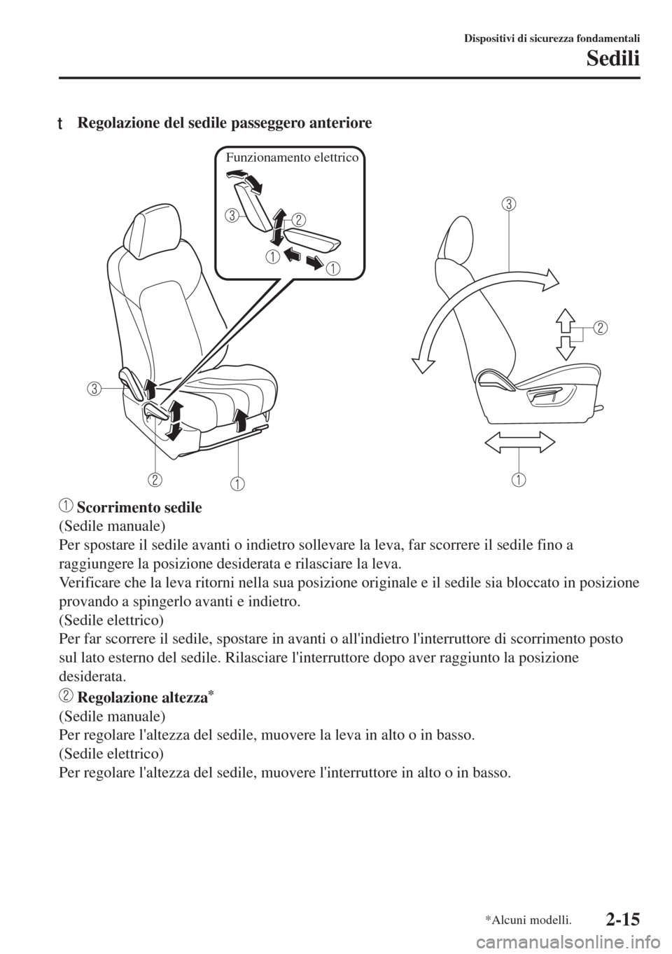 MAZDA MODEL 6 2018 Manuale del proprietario (in Italian) tRegolazione del sedile passeggero anteriore
Funzionamento elettrico
Scorrimento sedile
(Sedile manuale)
Per spostare il sedile avanti o indietro sollevare la leva, far scorrere il sedile fino a
ragg MAZDA MODEL 6 2018 Manuale del proprietario (in Italian) tRegolazione del sedile passeggero anteriore
Funzionamento elettrico
Scorrimento sedile
(Sedile manuale)
Per spostare il sedile avanti o indietro sollevare la leva, far scorrere il sedile fino a
ragg