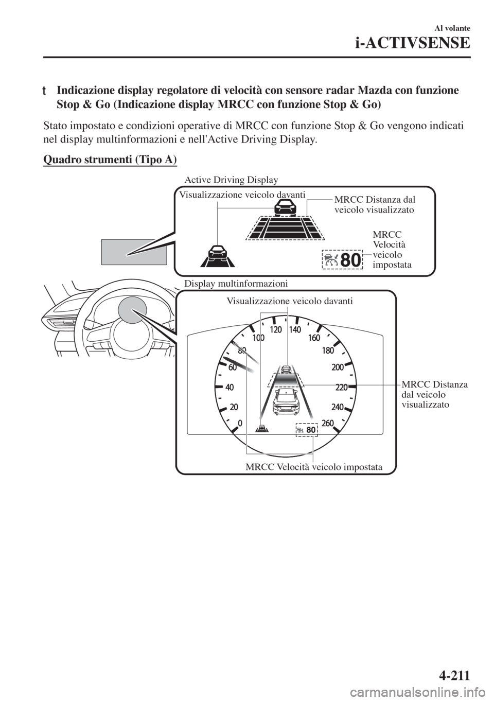 MAZDA MODEL 6 2018  Manuale del proprietario (in Italian) tIndicazione display regolatore di velocità con sensore radar Mazda con funzione
Stop & Go (Indicazione display MRCC con funzione Stop & Go)
Stato impostato e condizioni operative di MRCC con funzion