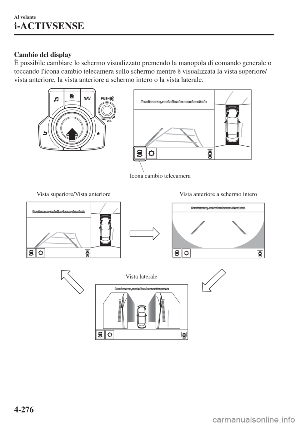MAZDA MODEL 6 2018  Manuale del proprietario (in Italian) Cambio del display
È possibile cambiare lo schermo visualizzato premendo la manopola di comando generale o
toccando licona cambio telecamera sullo schermo mentre è visualizzata la vista superiore/
