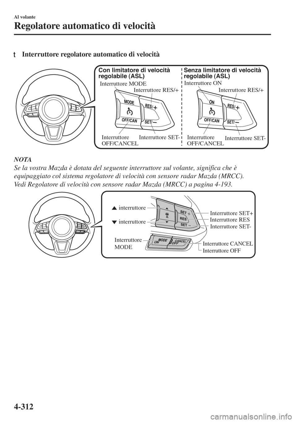 MAZDA MODEL 6 2018  Manuale del proprietario (in Italian) tInterruttore regolatore automatico di velocità
Interruttore ON
Interruttore RES/+ Senza limitatore di velocità 
regolabile (ASL)
Interruttore SET- Interruttore 
OFF/CANCEL Interruttore MODE
Interru
