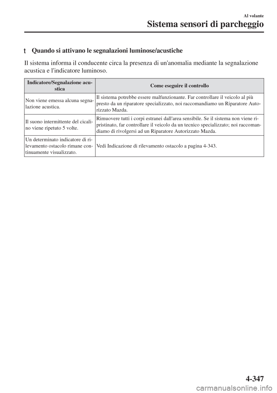 MAZDA MODEL 6 2018  Manuale del proprietario (in Italian) tQuando si attivano le segnalazioni luminose/acustiche
Il sistema informa il conducente circa la presenza di unanomalia mediante la segnalazione
acustica e lindicatore luminoso.
Indicatore/Segnalazi