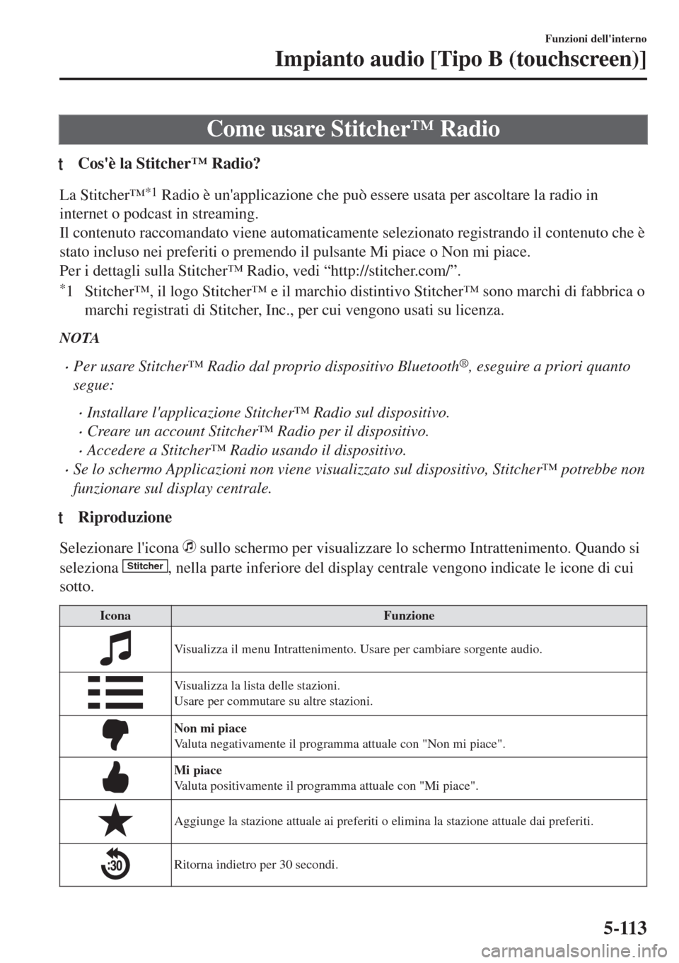 MAZDA MODEL 6 2018 Manuale del proprietario (in Italian) Come usare Stitcher™ Radio
tCosè la Stitcher™ Radio?
La Stitcher™*1 Radio è unapplicazione che può essere usata per ascoltare la radio in
internet o podcast in streaming.
Il contenuto racco MAZDA MODEL 6 2018 Manuale del proprietario (in Italian) Come usare Stitcher™ Radio
tCosè la Stitcher™ Radio?
La Stitcher™*1 Radio è unapplicazione che può essere usata per ascoltare la radio in
internet o podcast in streaming.
Il contenuto racco