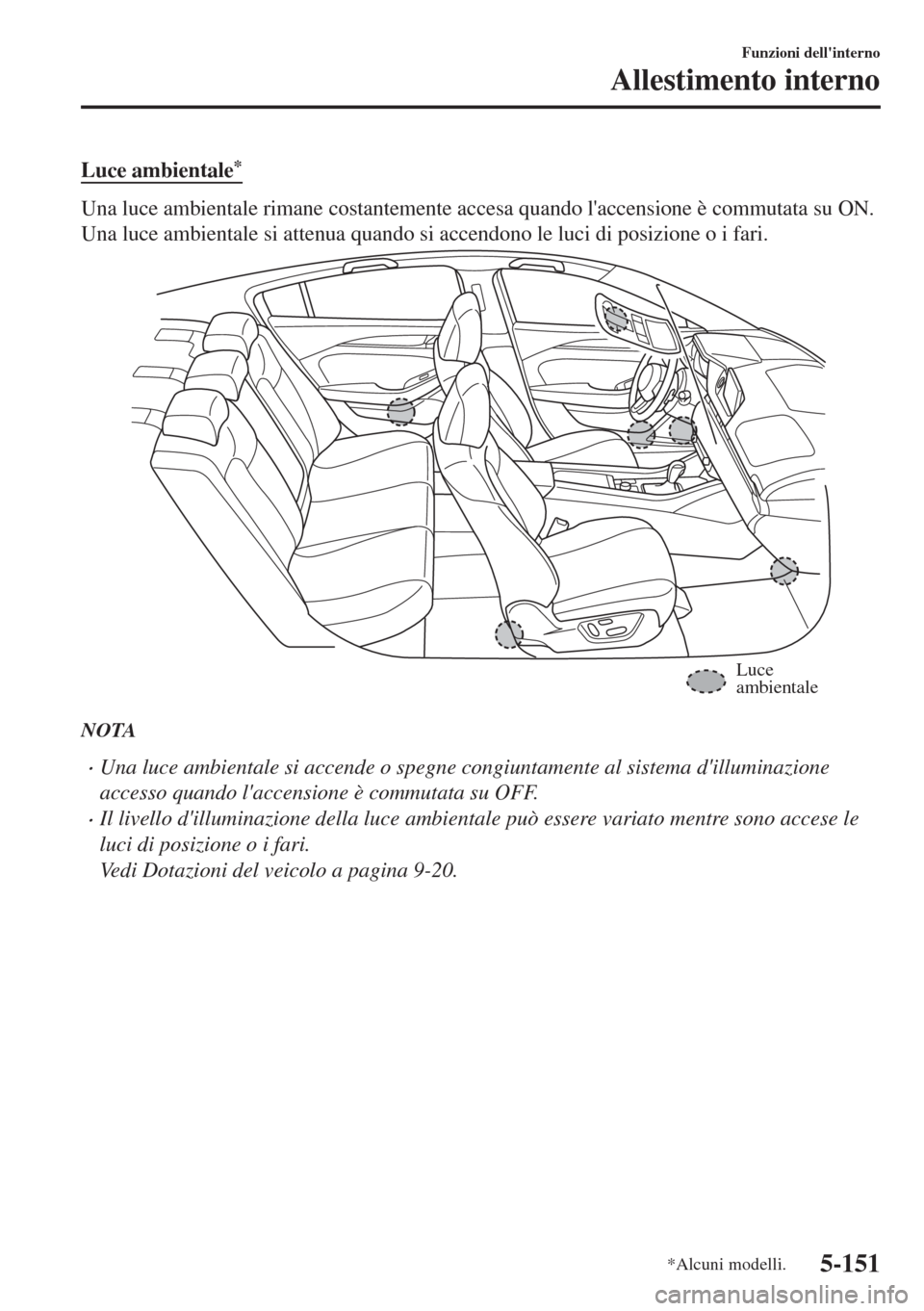 MAZDA MODEL 6 2018 Manuale del proprietario (in Italian) Luce ambientale*
Una luce ambientale rimane costantemente accesa quando laccensione è commutata su ON.
Una luce ambientale si attenua quando si accendono le luci di posizione o i fari.
Luce
ambient MAZDA MODEL 6 2018 Manuale del proprietario (in Italian) Luce ambientale*
Una luce ambientale rimane costantemente accesa quando laccensione è commutata su ON.
Una luce ambientale si attenua quando si accendono le luci di posizione o i fari.
Luce
ambient