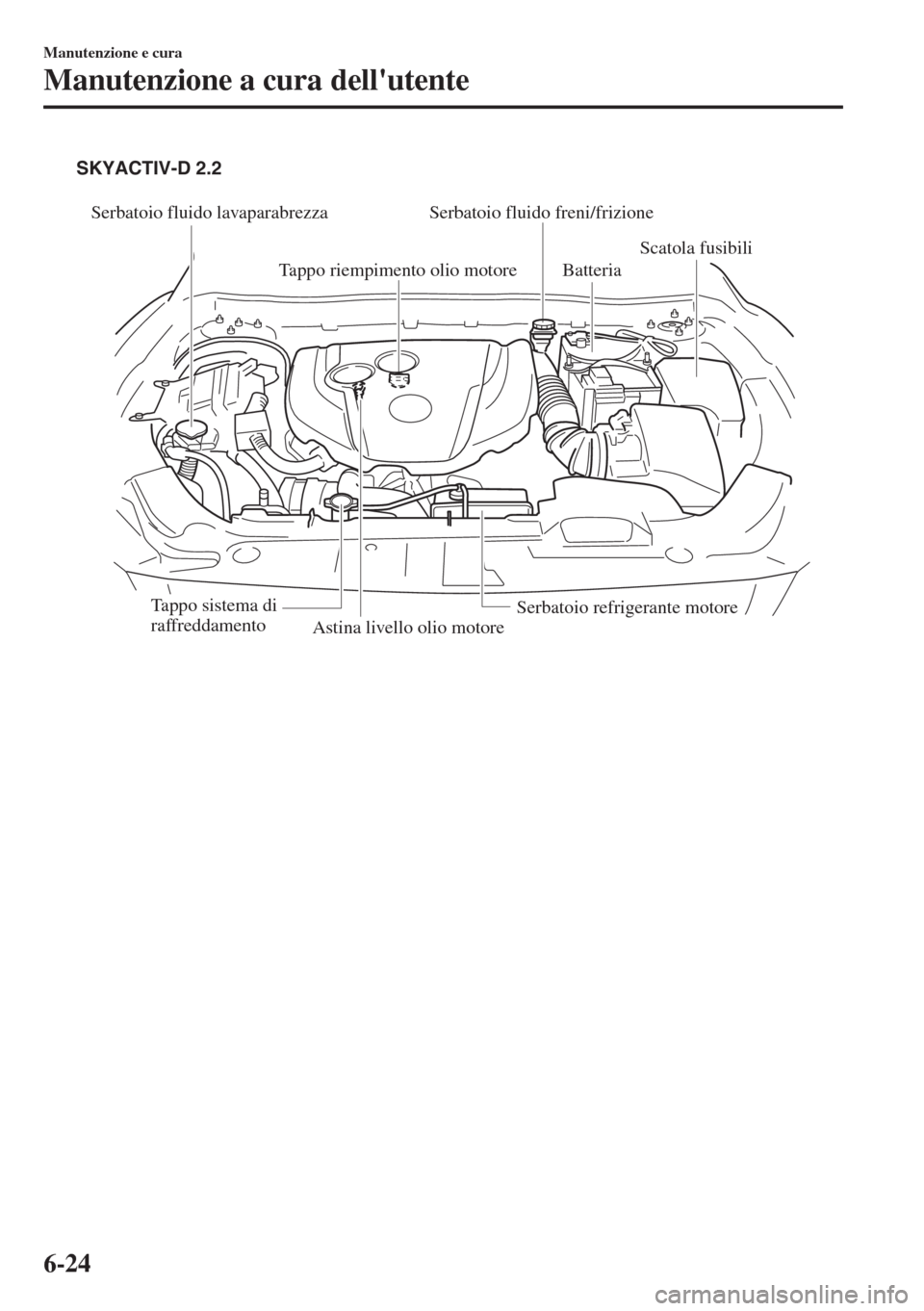 MAZDA MODEL 6 2018 Manuale del proprietario (in Italian) Serbatoio fluido lavaparabrezza
Tappo riempimento olio motore
Astina livello olio motoreBatteria
Scatola fusibili
Tappo sistema di
raffreddamentoSerbatoio refrigerante motore
SKYACTIV-D 2.2
Serbatoio MAZDA MODEL 6 2018 Manuale del proprietario (in Italian) Serbatoio fluido lavaparabrezza
Tappo riempimento olio motore
Astina livello olio motoreBatteria
Scatola fusibili
Tappo sistema di
raffreddamentoSerbatoio refrigerante motore
SKYACTIV-D 2.2
Serbatoio