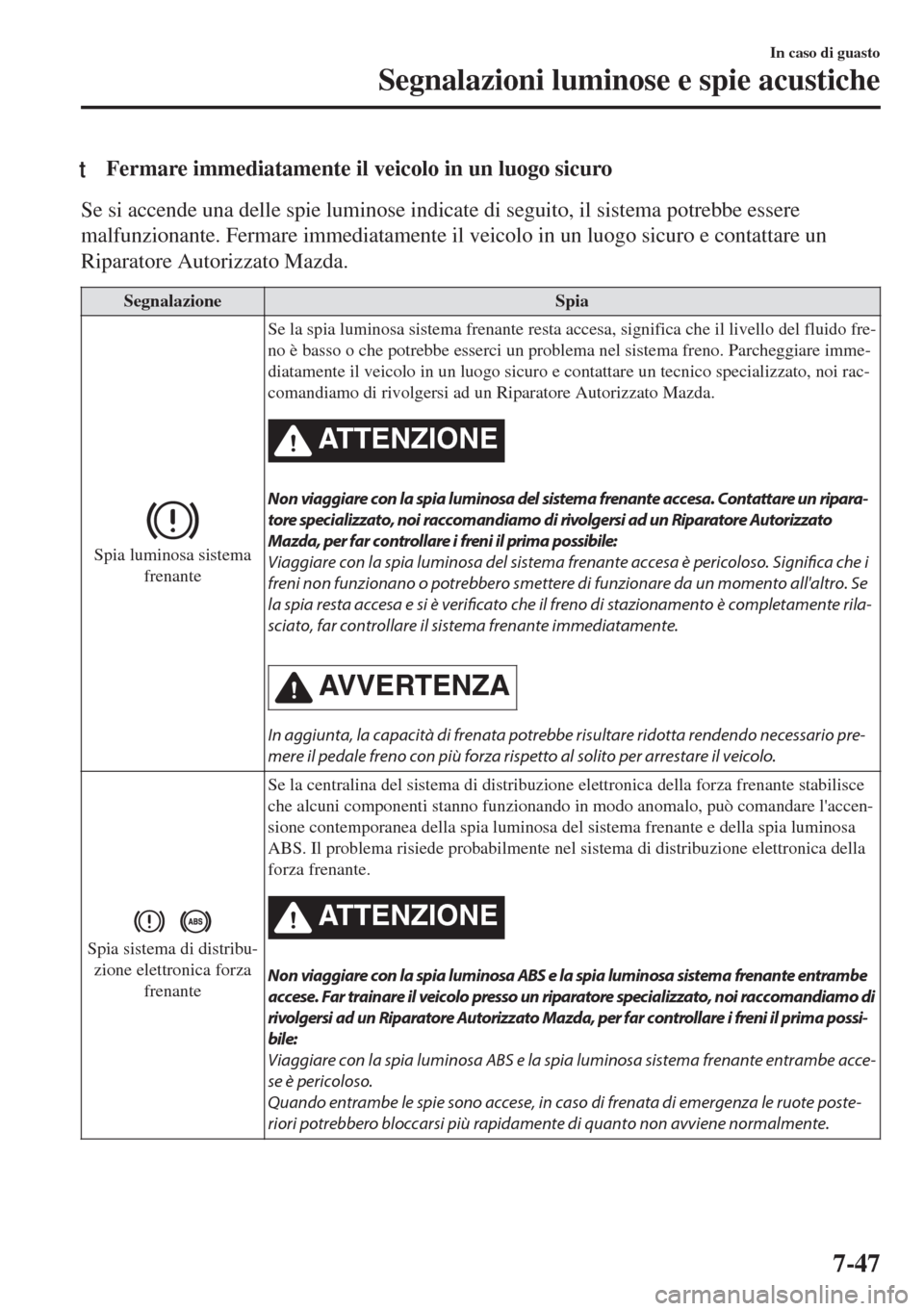 MAZDA MODEL 6 2018  Manuale del proprietario (in Italian) tFermare immediatamente il veicolo in un luogo sicuro
Se si accende una delle spie luminose indicate di seguito, il sistema potrebbe essere
malfunzionante. Fermare immediatamente il veicolo in un luog