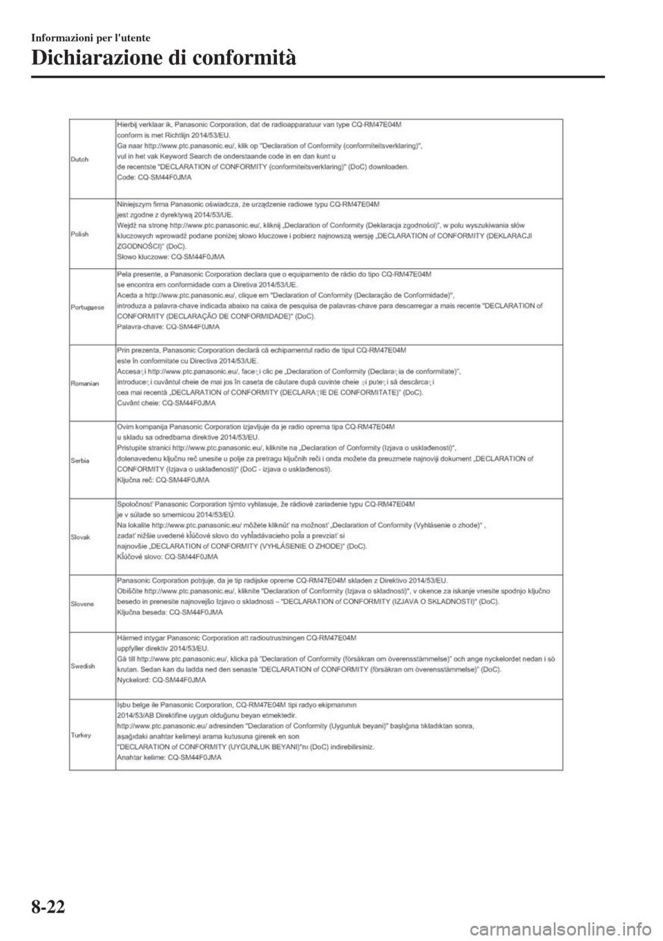 MAZDA MODEL 6 2018 Manuale del proprietario (in Italian) Informazioni per lutente
Dichiarazione di conformità
8-22 MAZDA MODEL 6 2018 Manuale del proprietario (in Italian) Informazioni per lutente
Dichiarazione di conformità
8-22