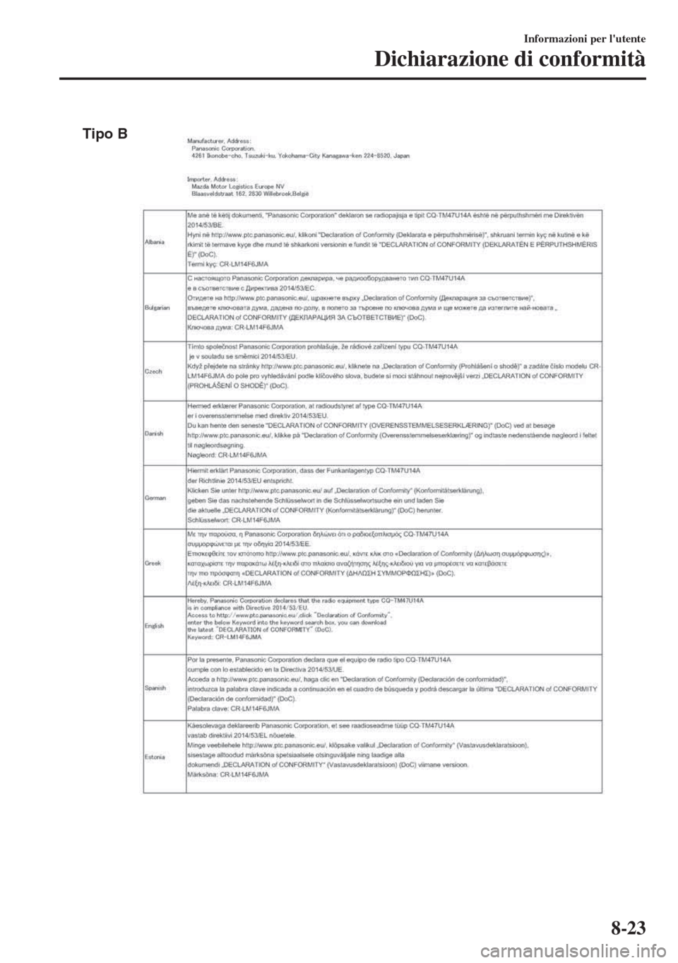 MAZDA MODEL 6 2018 Manuale del proprietario (in Italian) Tipo B
Informazioni per lutente
Dichiarazione di conformità
8-23 MAZDA MODEL 6 2018 Manuale del proprietario (in Italian) Tipo B
Informazioni per lutente
Dichiarazione di conformità
8-23