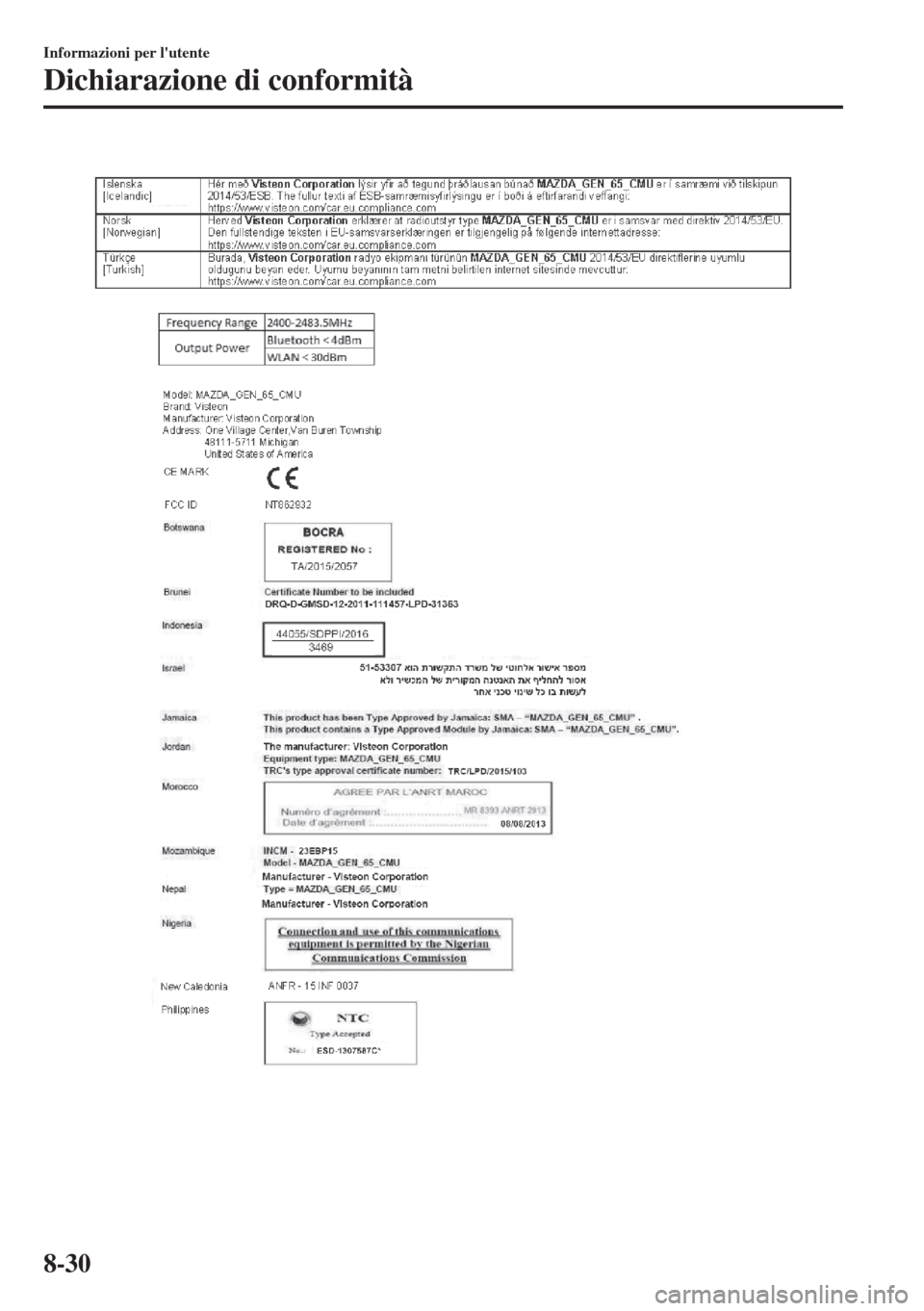 MAZDA MODEL 6 2018 Manuale del proprietario (in Italian) Informazioni per lutente
Dichiarazione di conformità
8-30 MAZDA MODEL 6 2018 Manuale del proprietario (in Italian) Informazioni per lutente
Dichiarazione di conformità
8-30