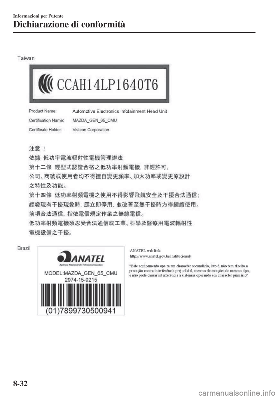 MAZDA MODEL 6 2018  Manuale del proprietario (in Italian) Informazioni per lutente
Dichiarazione di conformità
8-32 