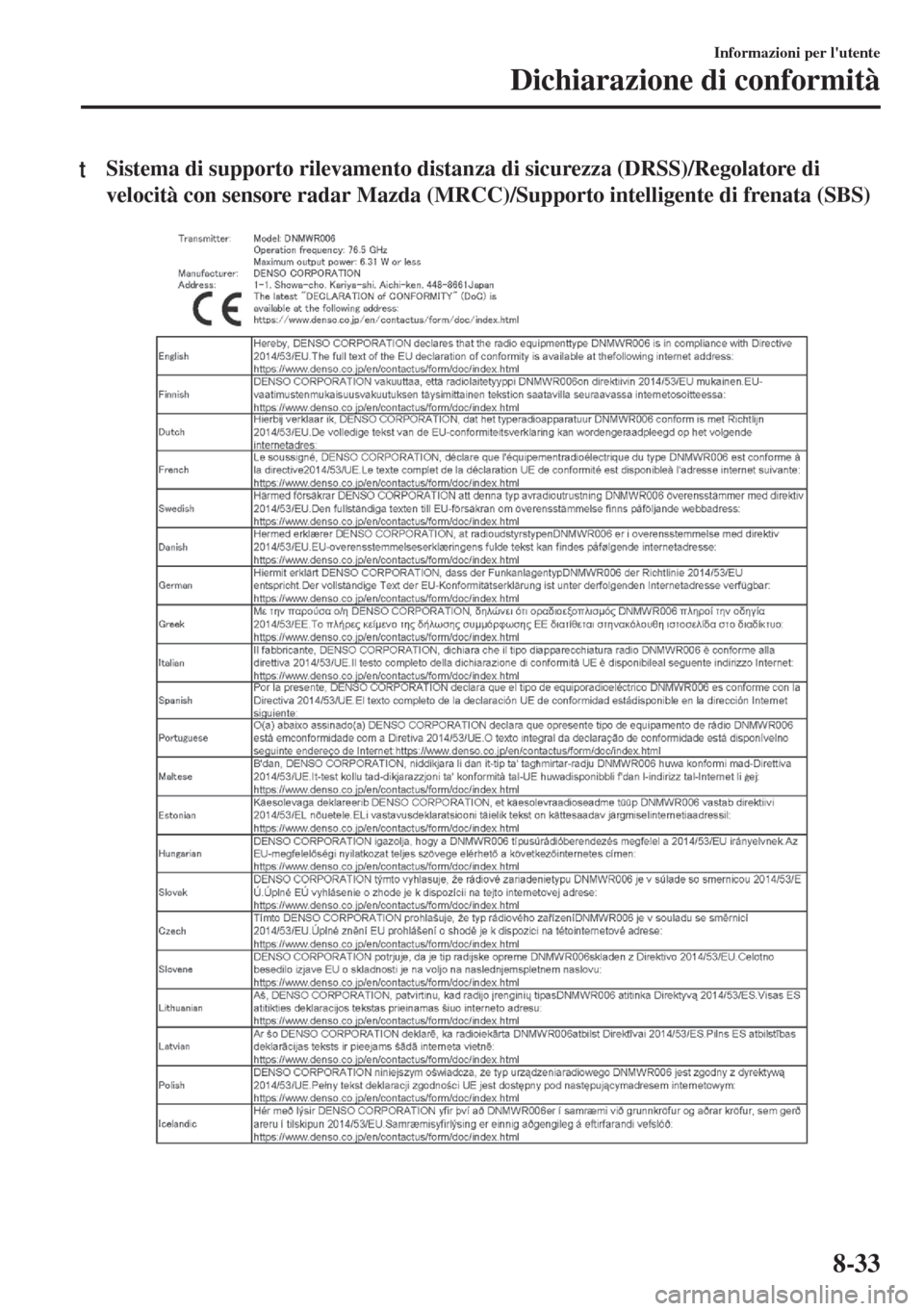 MAZDA MODEL 6 2018  Manuale del proprietario (in Italian) tSistema di supporto rilevamento distanza di sicurezza (DRSS)/Regolatore di
velocità con sensore radar Mazda (MRCC)/Supporto intelligente di frenata (SBS)
Informazioni per lutente
Dichiarazione di c