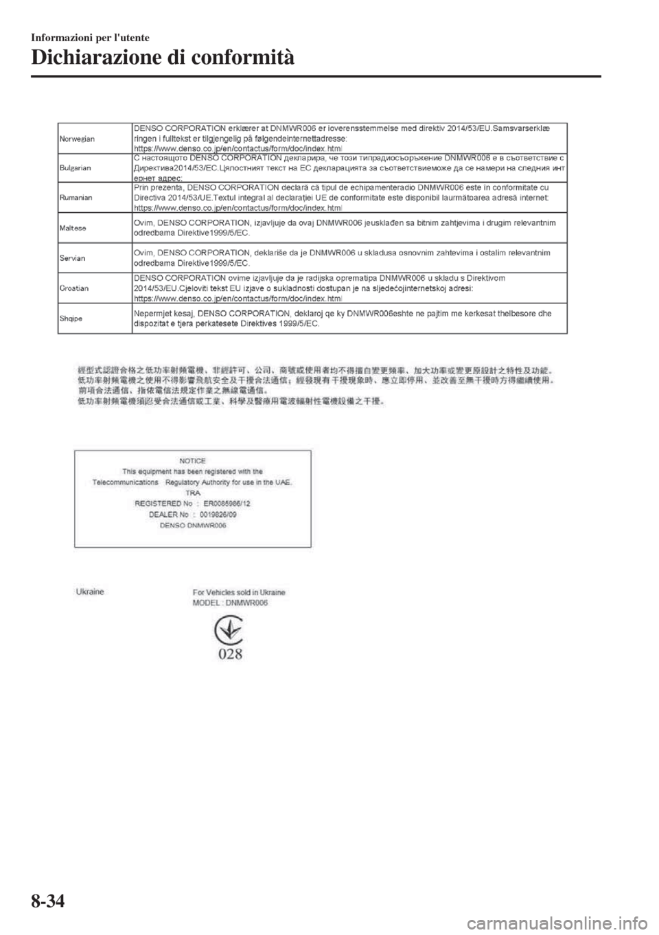 MAZDA MODEL 6 2018  Manuale del proprietario (in Italian) Informazioni per lutente
Dichiarazione di conformità
8-34 