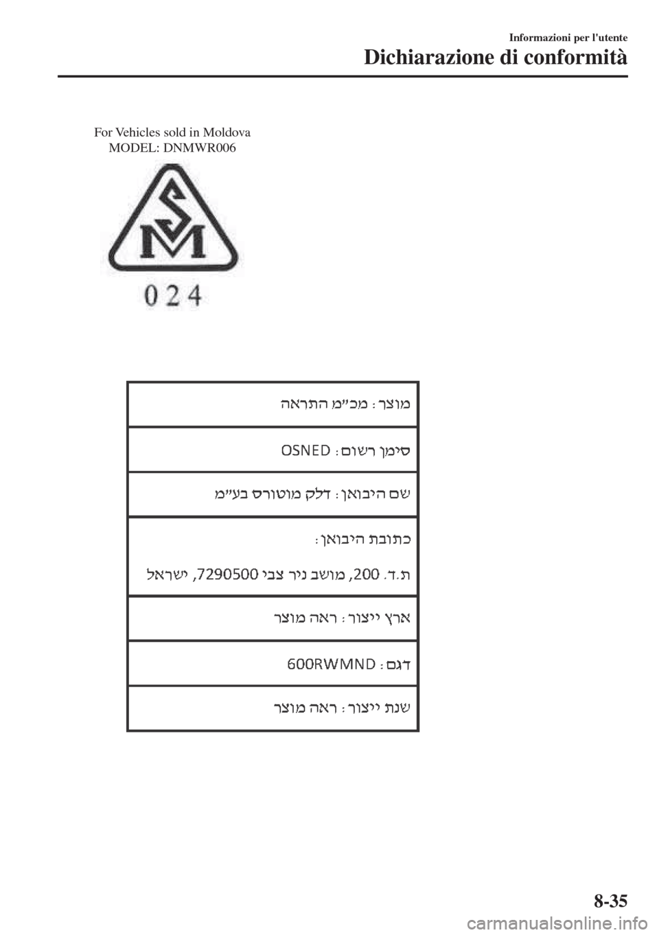 MAZDA MODEL 6 2018  Manuale del proprietario (in Italian) For Vehicles sold in Moldova 
MODEL: DNMWR006
Informazioni per lutente
Dichiarazione di conformità
8-35 
