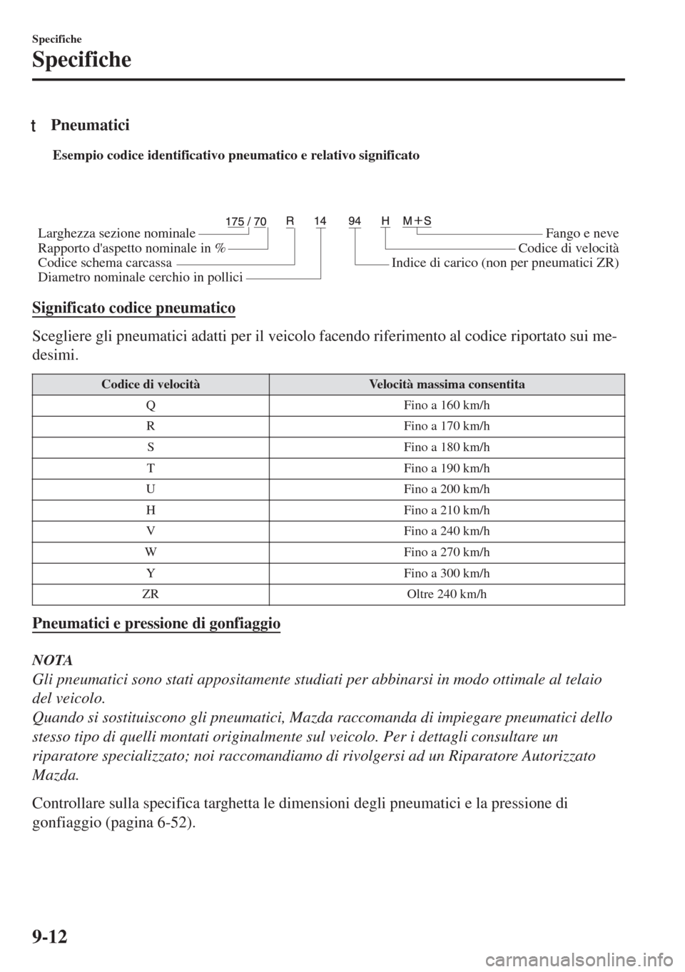 MAZDA MODEL 6 2018  Manuale del proprietario (in Italian) tPneumatici
Esempio codice identificativo pneumatico e relativo significato
Larghezza sezione nominale
Rapporto daspetto nominale in %
Codice schema carcassaFango e neve
Codice di velocità
Indice di
