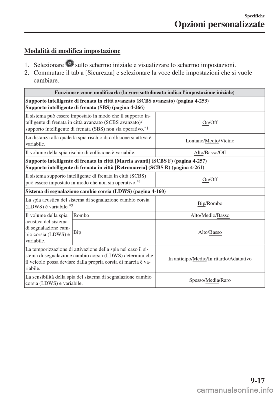 MAZDA MODEL 6 2018  Manuale del proprietario (in Italian) Modalità di modifica impostazione
1. Selezionare  sullo schermo iniziale e visualizzare lo schermo impostazioni.
2. Commutare il tab a [Sicurezza] e selezionare la voce delle impostazioni che si vuol
