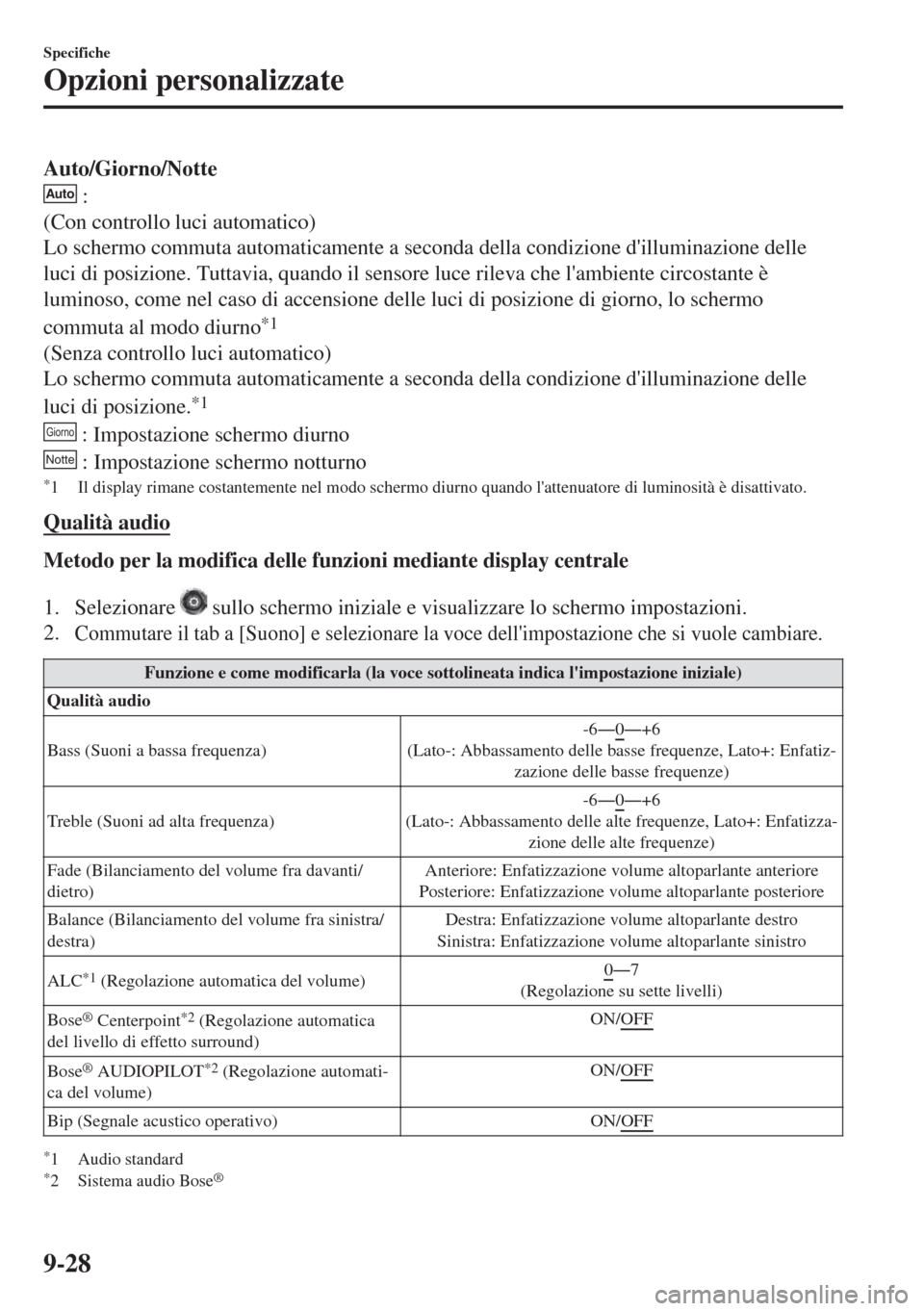 MAZDA MODEL 6 2018 Manuale del proprietario (in Italian) Auto/Giorno/Notte
Auto :
(Con controllo luci automatico)
Lo schermo commuta automaticamente a seconda della condizione dilluminazione delle
luci di posizione. Tuttavia, quando il sensore luce rileva MAZDA MODEL 6 2018 Manuale del proprietario (in Italian) Auto/Giorno/Notte
Auto :
(Con controllo luci automatico)
Lo schermo commuta automaticamente a seconda della condizione dilluminazione delle
luci di posizione. Tuttavia, quando il sensore luce rileva