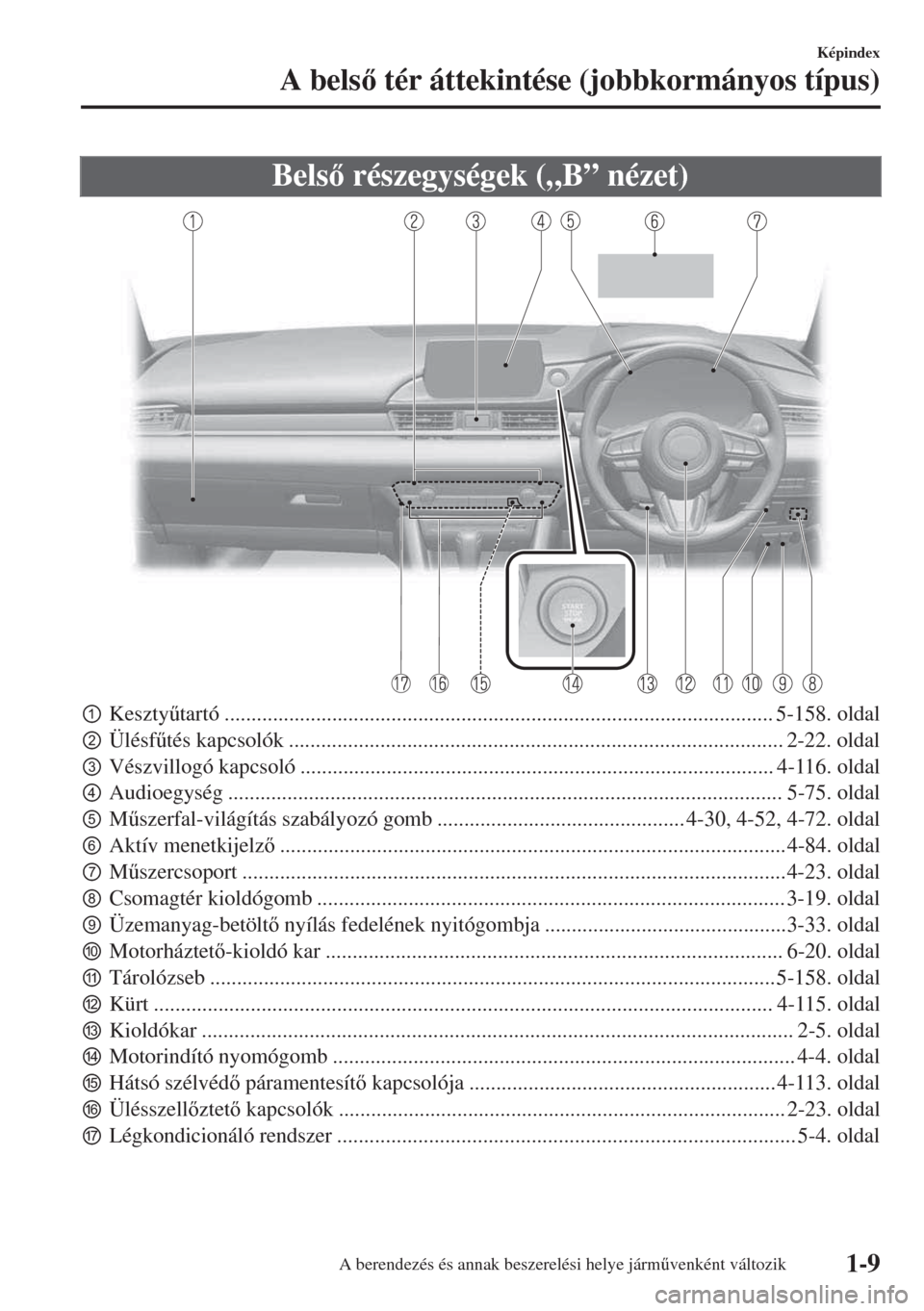 MAZDA MODEL 6 2018  Kezelési útmutató (in Hungarian) Bels részegységek („B” nézet)
pKeszty&tartó ...................................................................................................... 5-158. oldal
qÜlésf&tés kapcsolók .