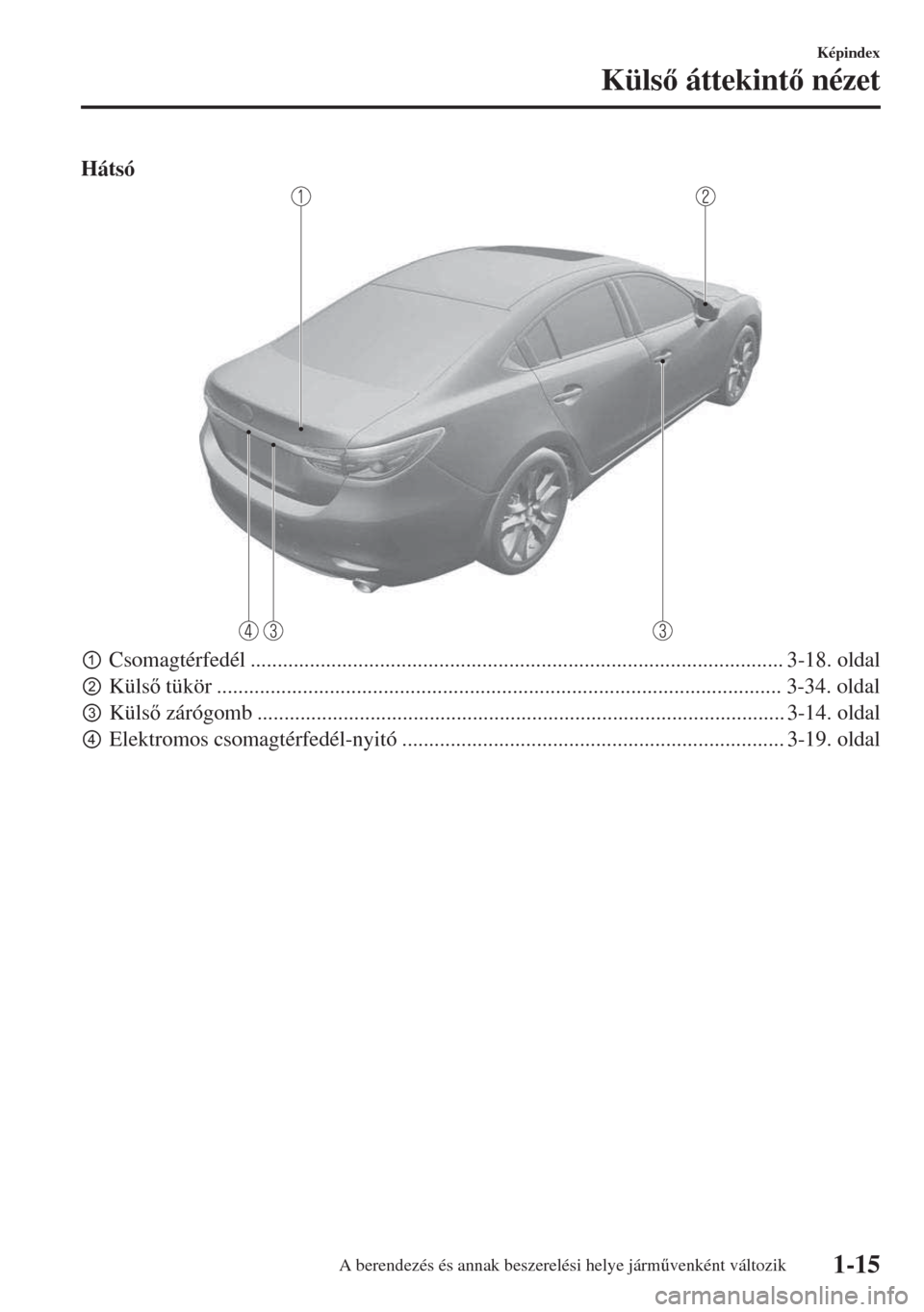MAZDA MODEL 6 2018  Kezelési útmutató (in Hungarian) Hátsó
pCsomagtérfedél ................................................................................................... 3-18. oldal
qKüls tükör ...........................................