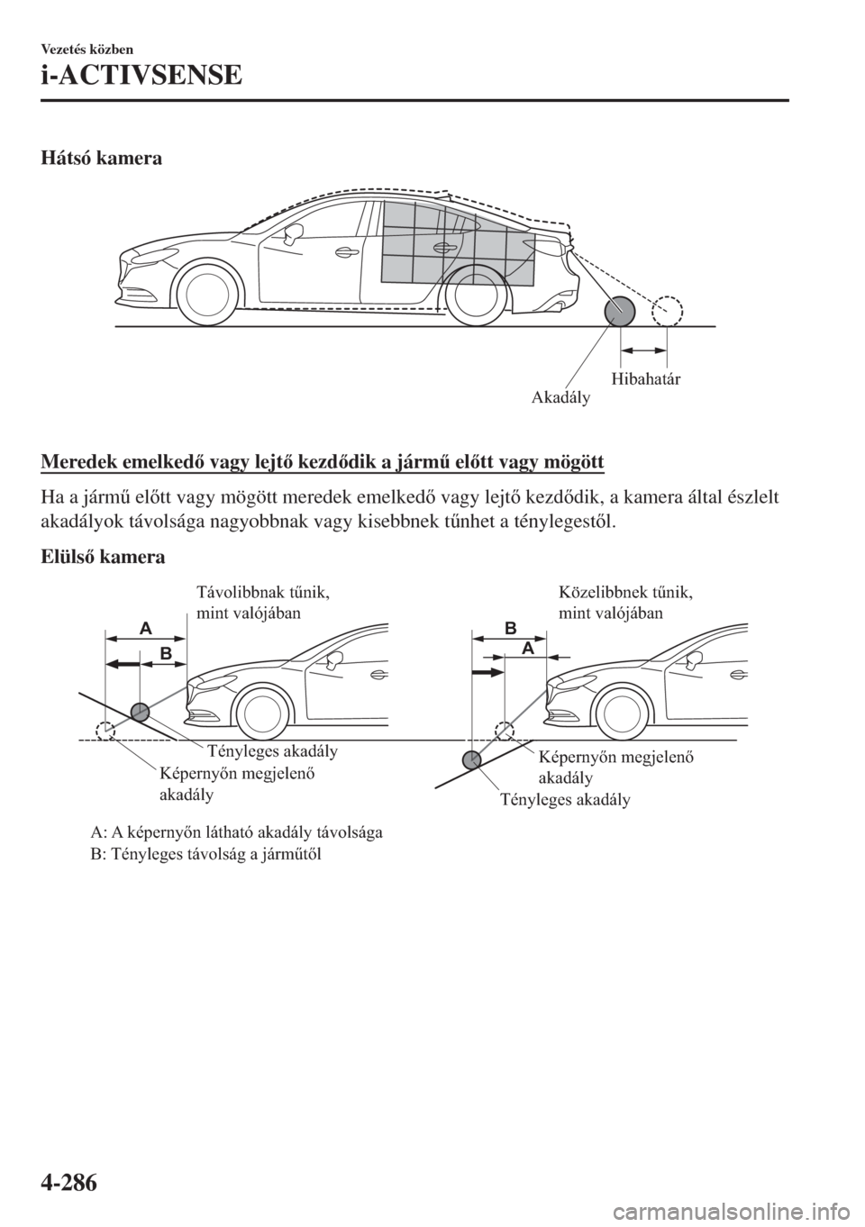 MAZDA MODEL 6 2018  Kezelési útmutató (in Hungarian) Hátsó kamera
AkadályHibahatár
Meredek emelked vagy lejt kezddik a járm& eltt vagy mögött
Ha a járm& eltt vagy mögött meredek emelked vagy lejt kezddik, a kamera által ész