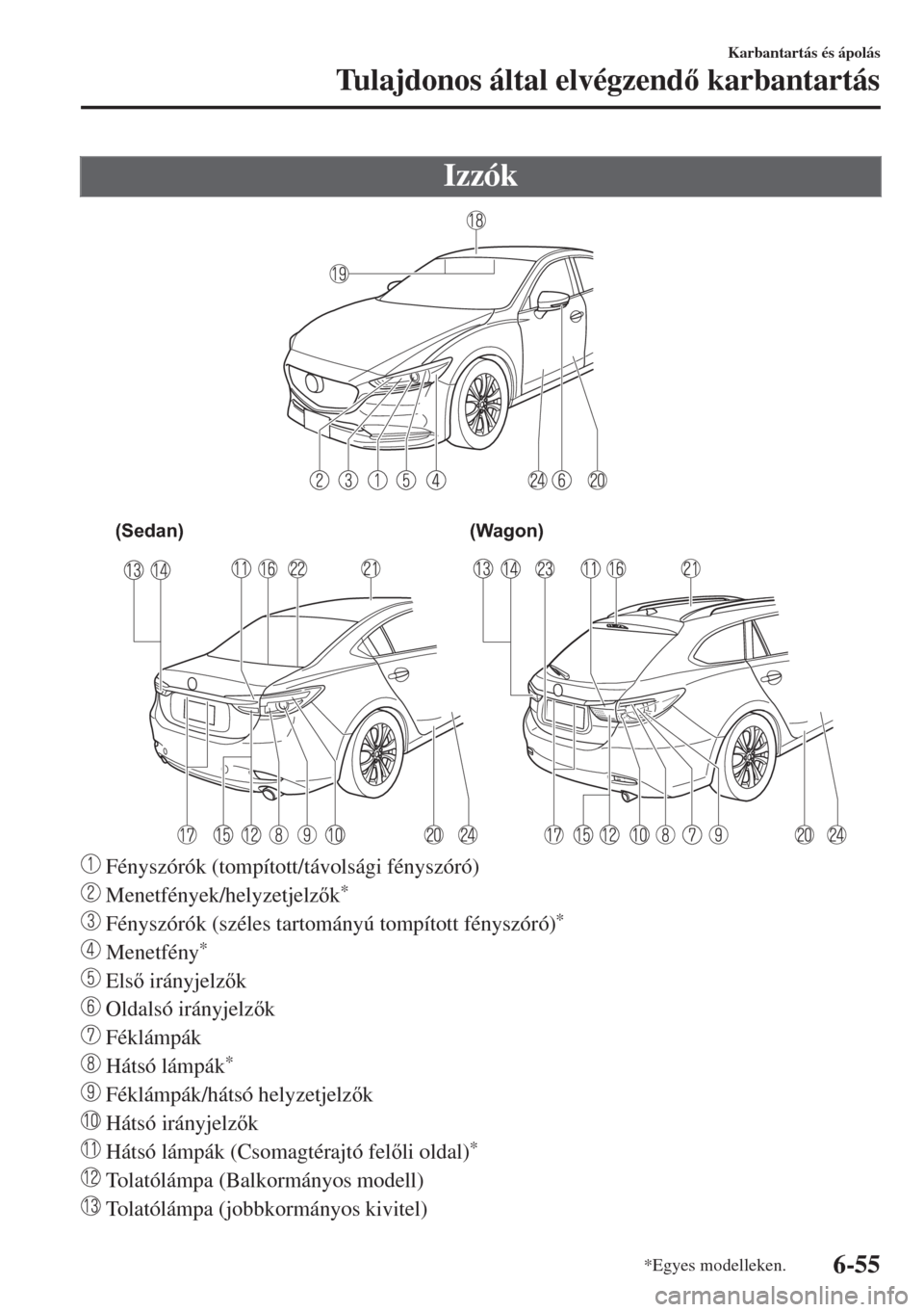 MAZDA MODEL 6 2018  Kezelési útmutató (in Hungarian) Izzók
(Sedan) (Wagon)
 Fényszórók (tompított/távolsági fényszóró)
 Menetfények/helyzetjelzk*
 Fényszórók (széles tartományú tompított fényszóró)*
 Menetfény*
 Els irányjelz