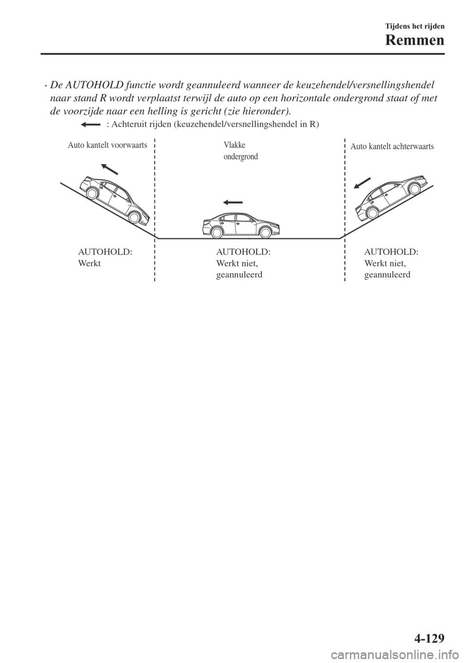 MAZDA MODEL 6 2018  Handleiding (in Dutch) •De AUTOHOLD functie wordt geannuleerd wanneer de keuzehendel/versnellingshendel
naar stand R wordt verplaatst terwijl de auto op een horizontale ondergrond staat of met
de voorzijde naar een hellin