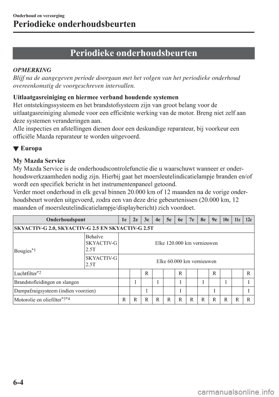 MAZDA MODEL 6 2018  Handleiding (in Dutch) �3�H�U�L�R�G�L�H�N�H��R�Q�G�H�U�K�R�X�G�V�E�H�X�U�W�H�Q
OPMERKING
Blijf na de aangegeven periode doorgaan met het volgen van het periodieke onderhoud
overeenkomstig de voorgeschreven intervallen.
�8�