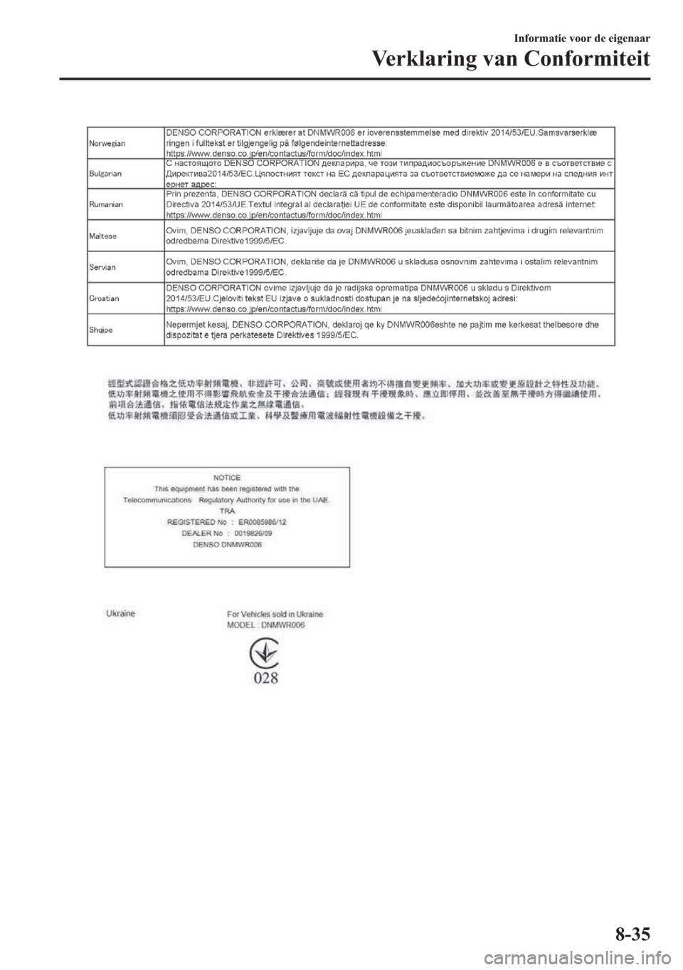 MAZDA MODEL 6 2018  Handleiding (in Dutch) �,�Q�I�R�U�P�D�W�L�H��Y�R�R�U��G�H��H�L�J�H�Q�D�D�U
�9�H�U�N�O�D�U�L�Q�J��Y�D�Q��&�R�Q�I�R�U�P�L�W�H�L�W
���� 