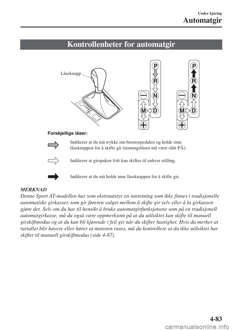 MAZDA MODEL 6 2018  Brukerhåndbok (in Norwegian) Kontrollenheter for automatgir
Låseknapp
Indikerer at girspaken fritt kan skiftes til enhver stilling.
Indikerer at du må holde inne låseknappen for å skifte gir. Indikerer at du må trykke inn br