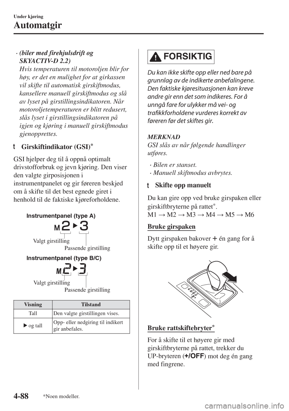 MAZDA MODEL 6 2018  Brukerhåndbok (in Norwegian) •(biler med firehjulsdrift og
SKYACTIV-D 2.2)
Hvis temperaturen til motoroljen blir for
høy, er det en mulighet for at girkassen
vil skifte til automatisk girskiftmodus,
kansellere manuell girskift