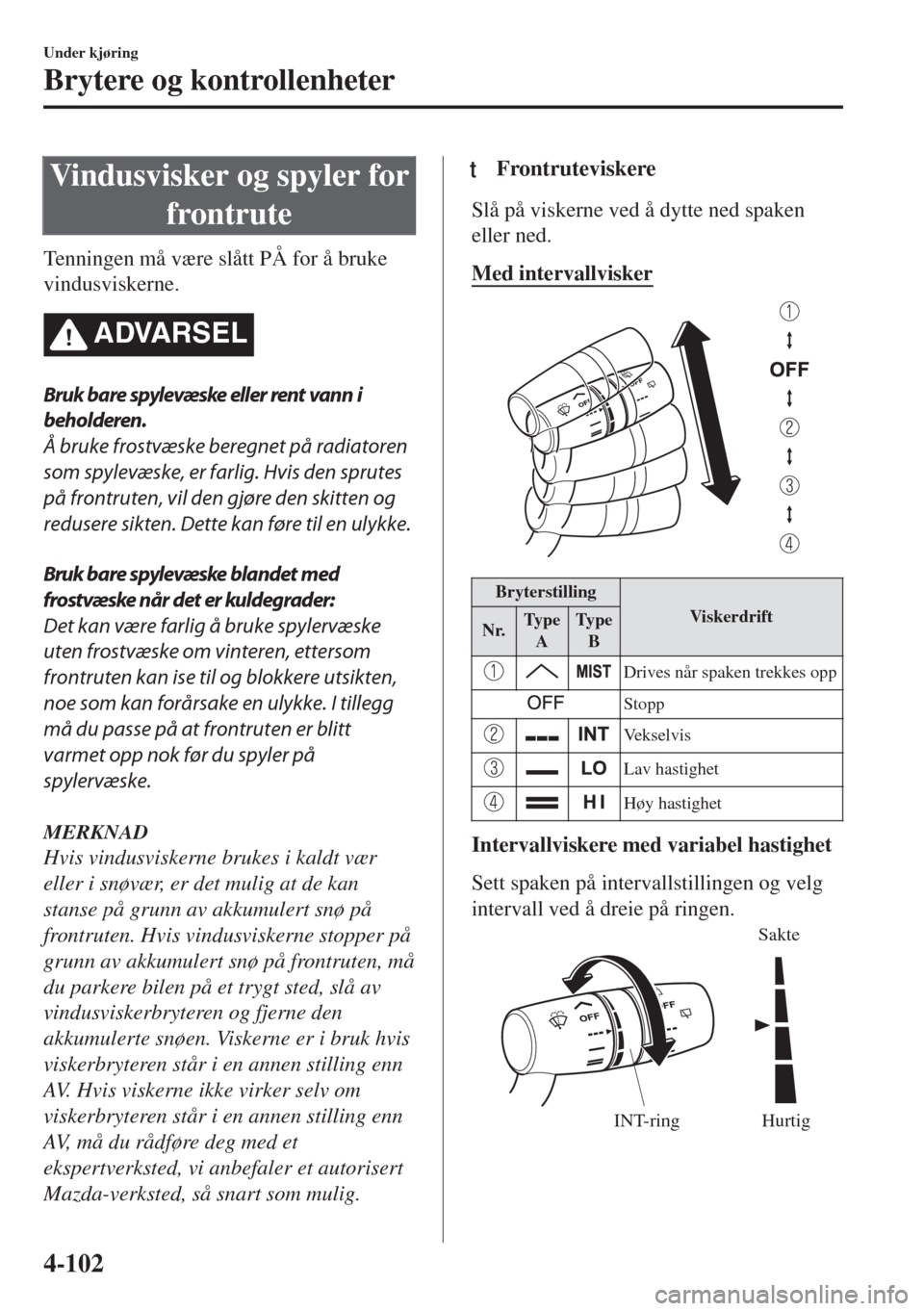 MAZDA MODEL 6 2018  Brukerhåndbok (in Norwegian) Vindusvisker og spyler for
frontrute
Tenningen må være slått PÅ for å bruke
vindusviskerne.
ADVARSEL
Bruk bare spylevæske eller rent vann i
beholderen.
Å bruke frostvæske beregnet på radiator